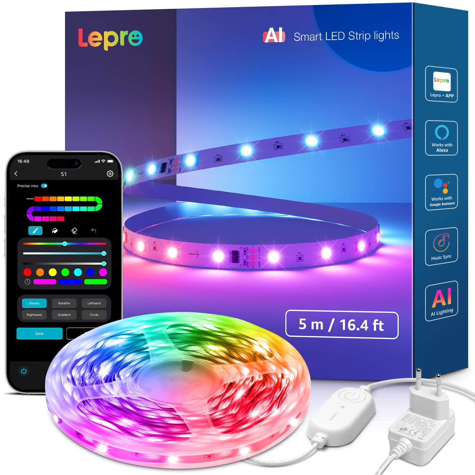 Lepro S1 AI Striscia LED 5M,Smart Strisce LED,Luci Natale per Camera da Letto,Funziona con Alexa/Google Assistant,Assistente di Progettazione Illuminotecnica AI,Sync Musicale per TV Gaming Bar Festa