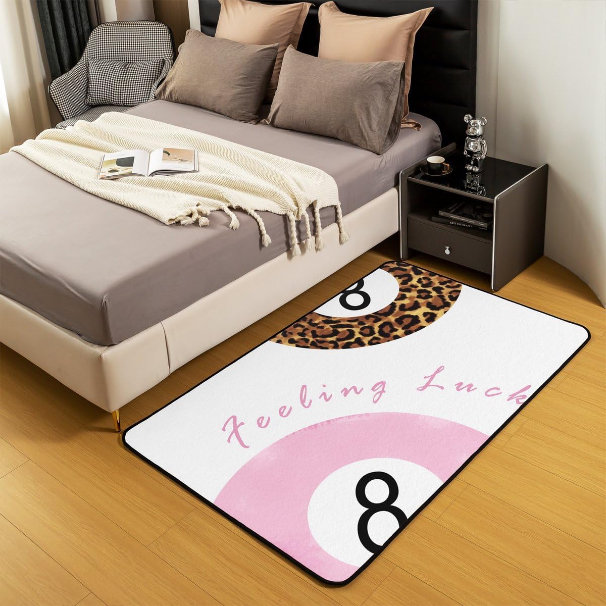 Manfei Fashion Leopard Kids Area Rug,Aesthetic Cheetah Modern Art Indoor Floor Mat Entrance Rug for Girls Boys,Trendy Lucky 8 Ball Non Slip Rug,Pink White Brown Couch Living Room Decor,3'x5'