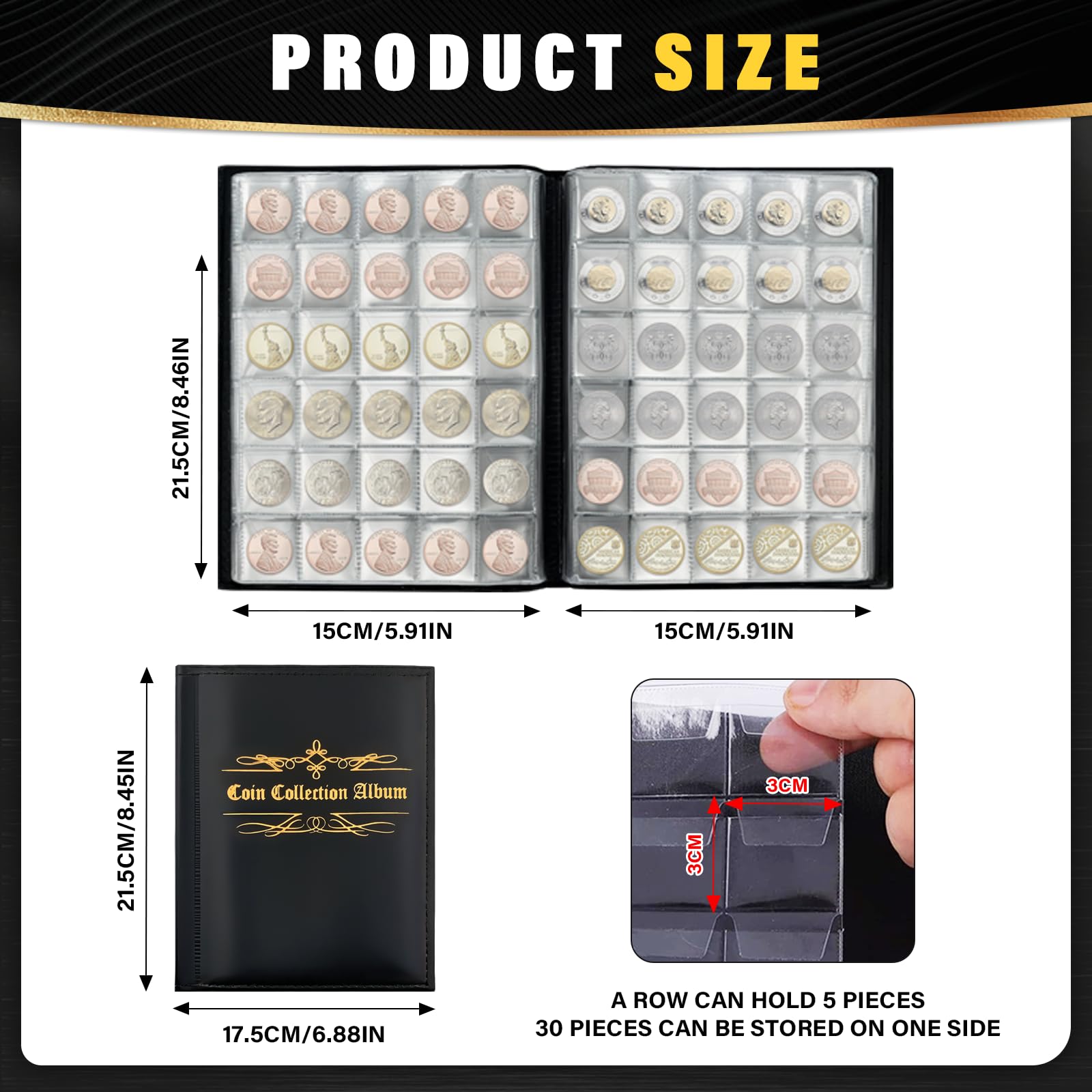Album per Monete Porta Monete da Collezione: 480 Pezzi Raccoglitore Monete 2 Euro - Album di Monete - Album Portamonete - Per Monete Di Varie Dimensioni (Black)