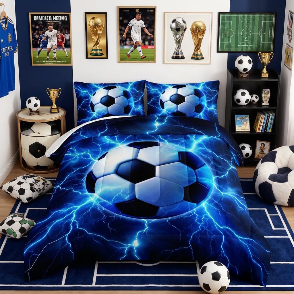 HOSIMA Soccer Queen Bedding Sets,A Soccer Surrounded by Blue Lightning Print Lightweight Comforter for Boys Room Decor,Soccer Pattern Sports Bedding for Teens Girls with 2 Pillowcases.