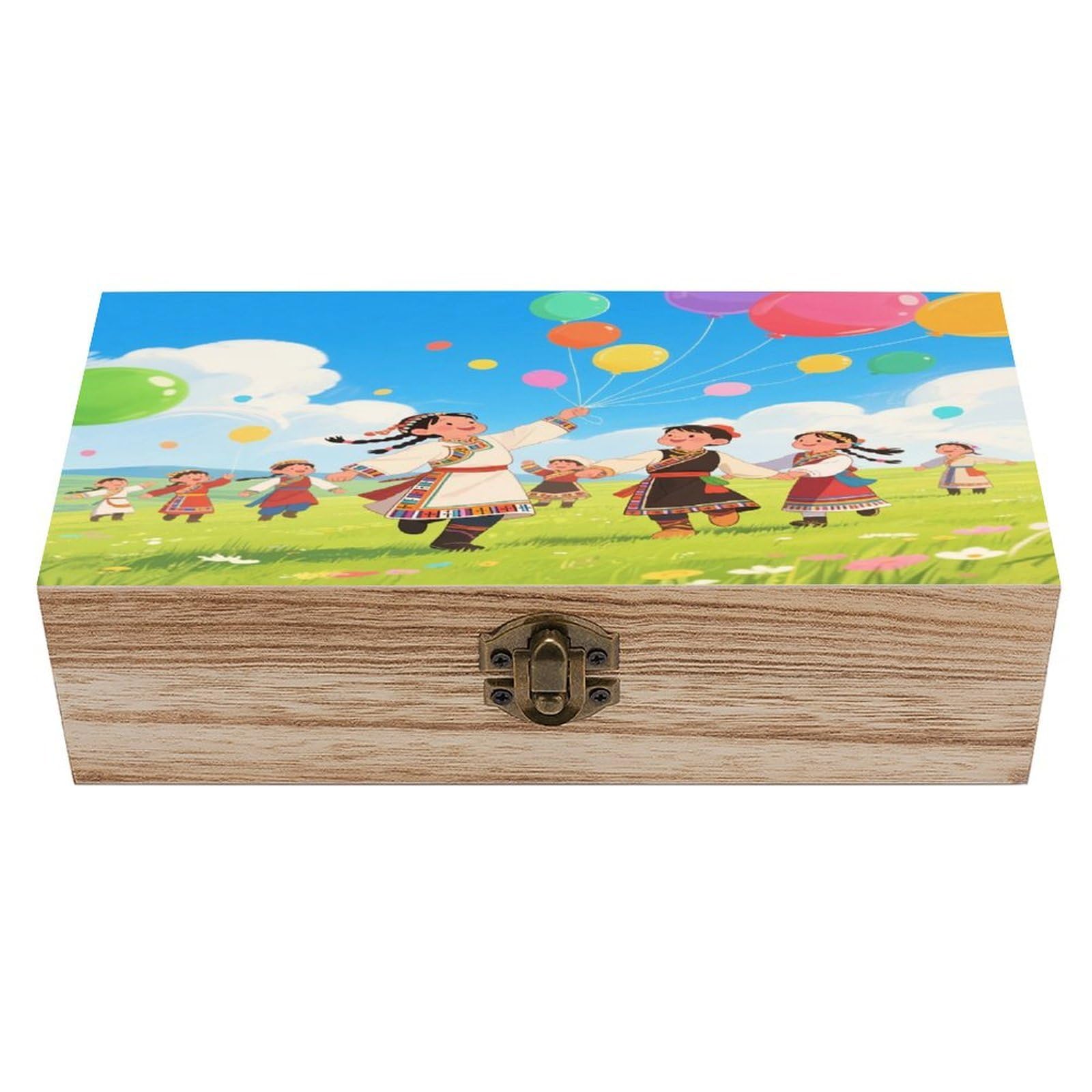 VstaDank Kids Dancing on Grassland Wooden Storage Box Vintage Style Wooden Storage Case with A Hinged Lid Memory Treasure Boxes Decorative Jewelny Photos for Organizer 7.9 * 3.7 * 2.3 Inch