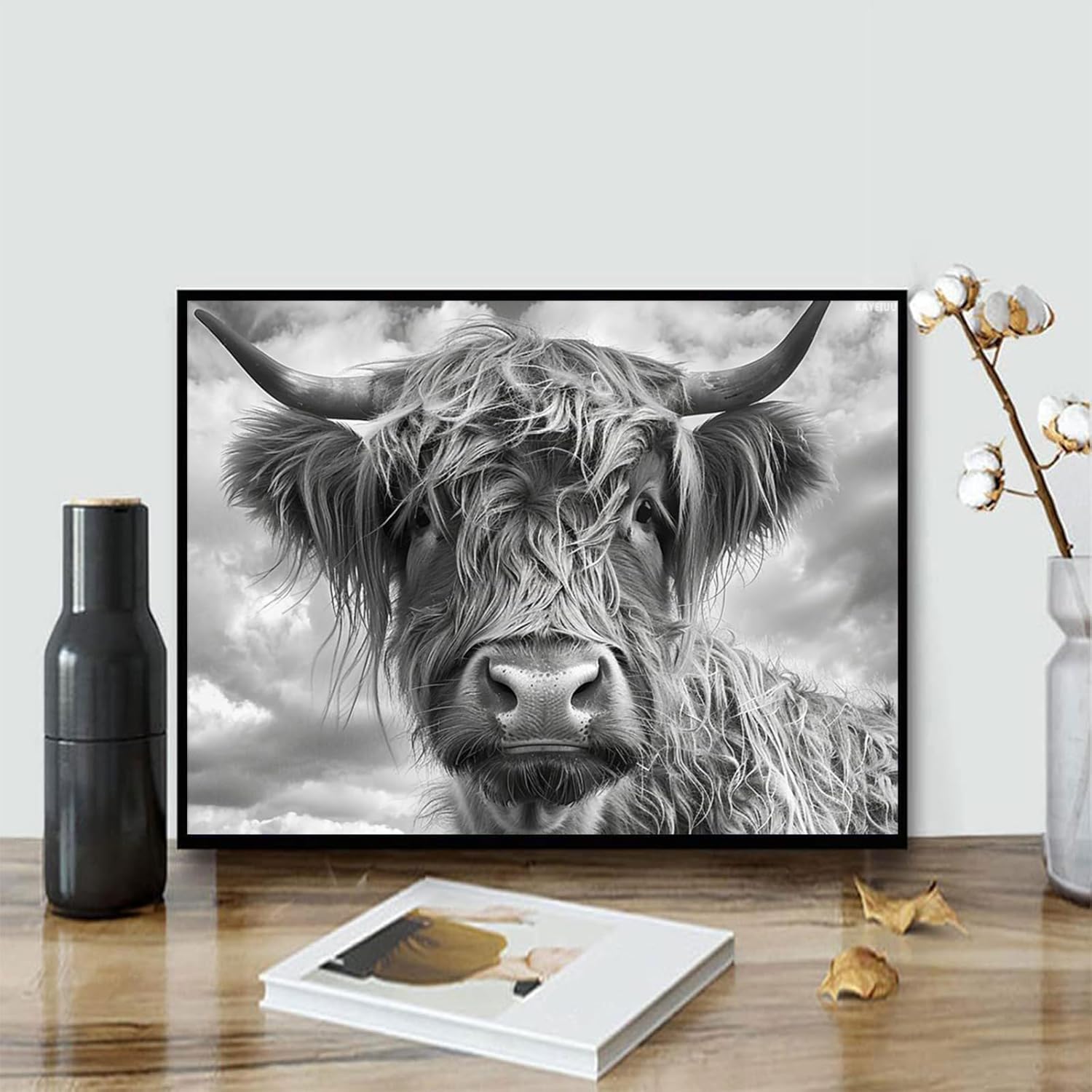 KAYEIUU Scottish Highland Cow Black White 5D Diamond Art Painting for Adults Full Drill Round Diamond Paint by Number Kits for Beginners Gems Cross Stitch for Wall Decor 12x16in