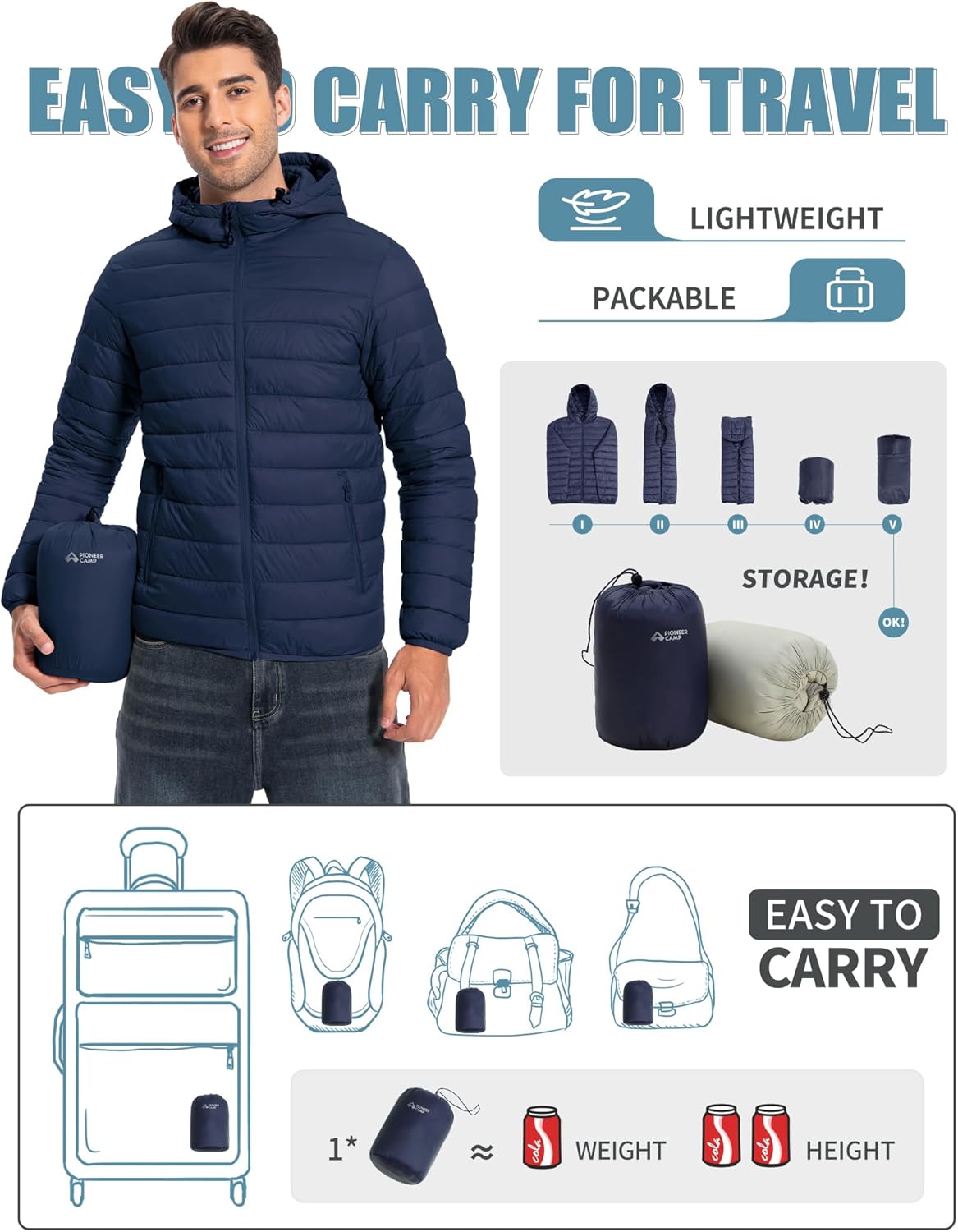 Pioneer Camp Mens Lightweight Packable Puffer Jacket Hooded Insulated Thermal Puffy Winter Jackets for Running Travel - Image 2