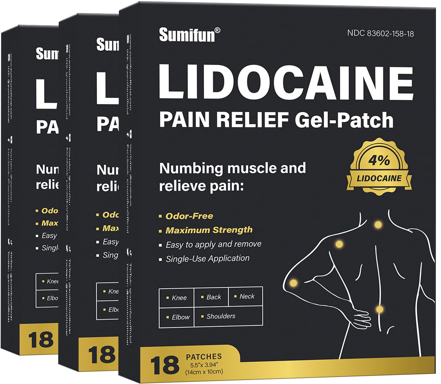 Sumifun 4% Lidocaine Pain Relief Patches - 54 Count Patches for Back, Shoulder, Muscle, Joints, Knee Pain Relief - Lower Back Pain Relief Products - Pain Patches Maximum Strength Lidocaine