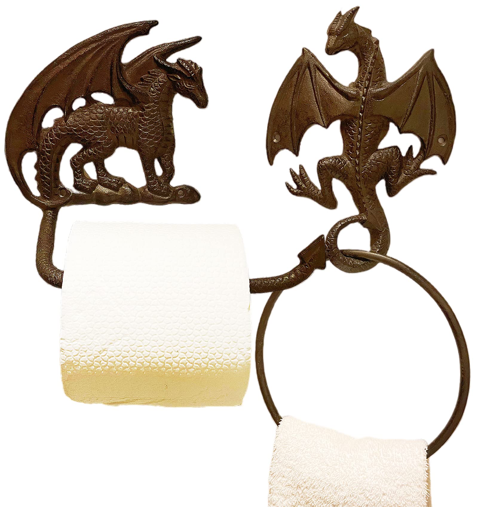 Gothic Dragon Toilettenpapierhalter und Handtuchring-Set, Wandmontage, dekoratives Badezimmerzubehör, 2 Stück