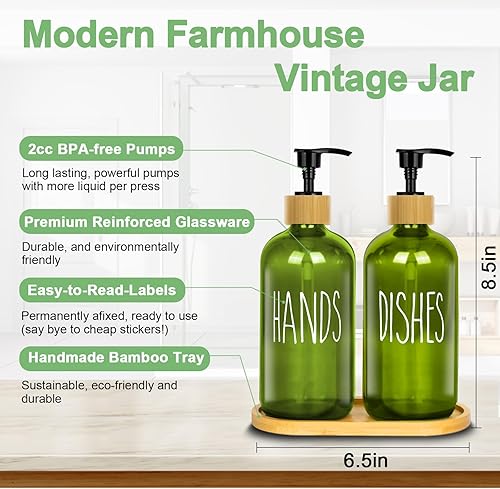 Miniatura 4 de YIKHOM Dispensador de jabón de cristal con bandeja, dispensadores de jabón líquido de granja de 16 onzas para cocina, 2 dispensadores de jabón de