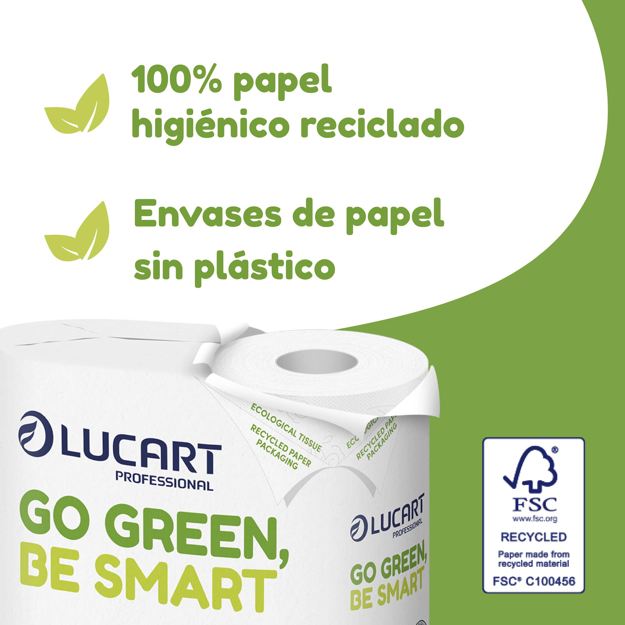 Lucart Professional, Papel Higiénico Ecológico 36 Rollos, Reciclado Certificado FSC, 3 Láminas, 100% Reciclado, Embalaje de Papel, Suave y Consistente, Blanco, 6 Paquetes de 6 Rollos
