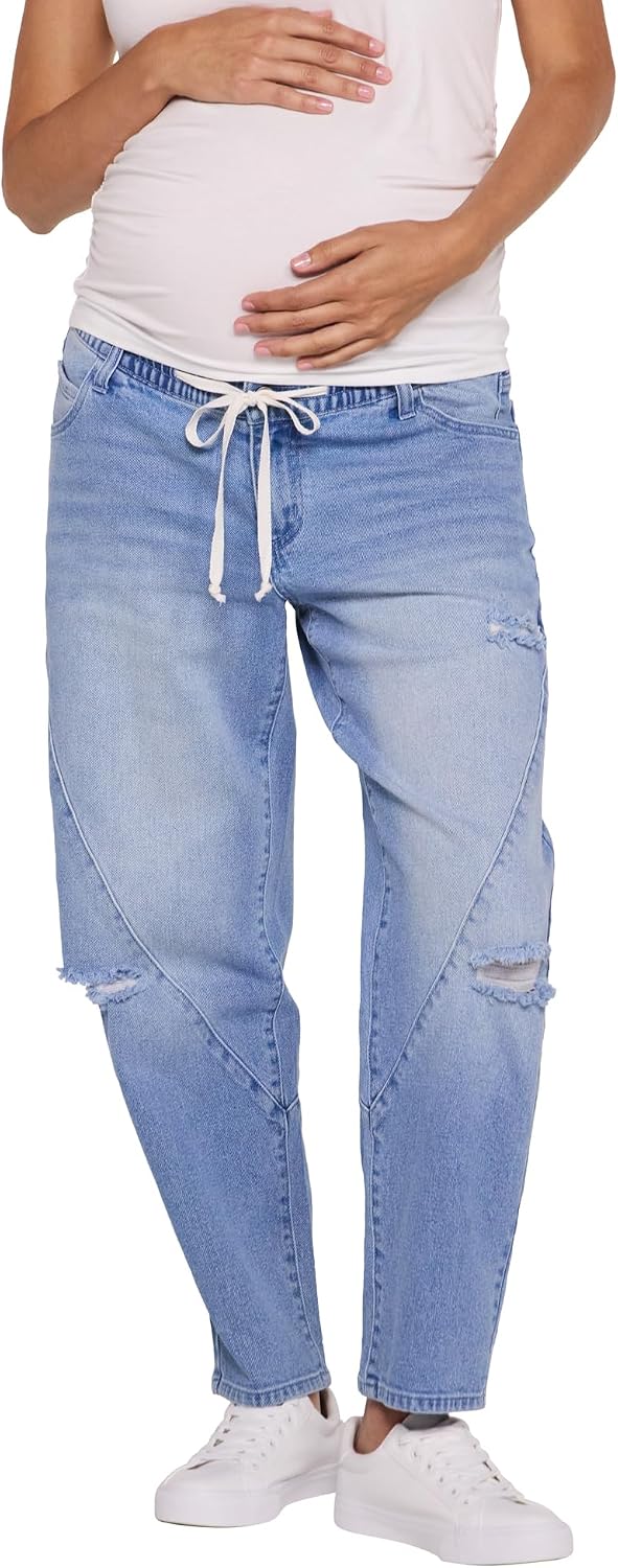 Motherhood Maternity Women's Under the Belly Tie Waist Relaxed Barrel Leg Denim Pregnancy Jeans