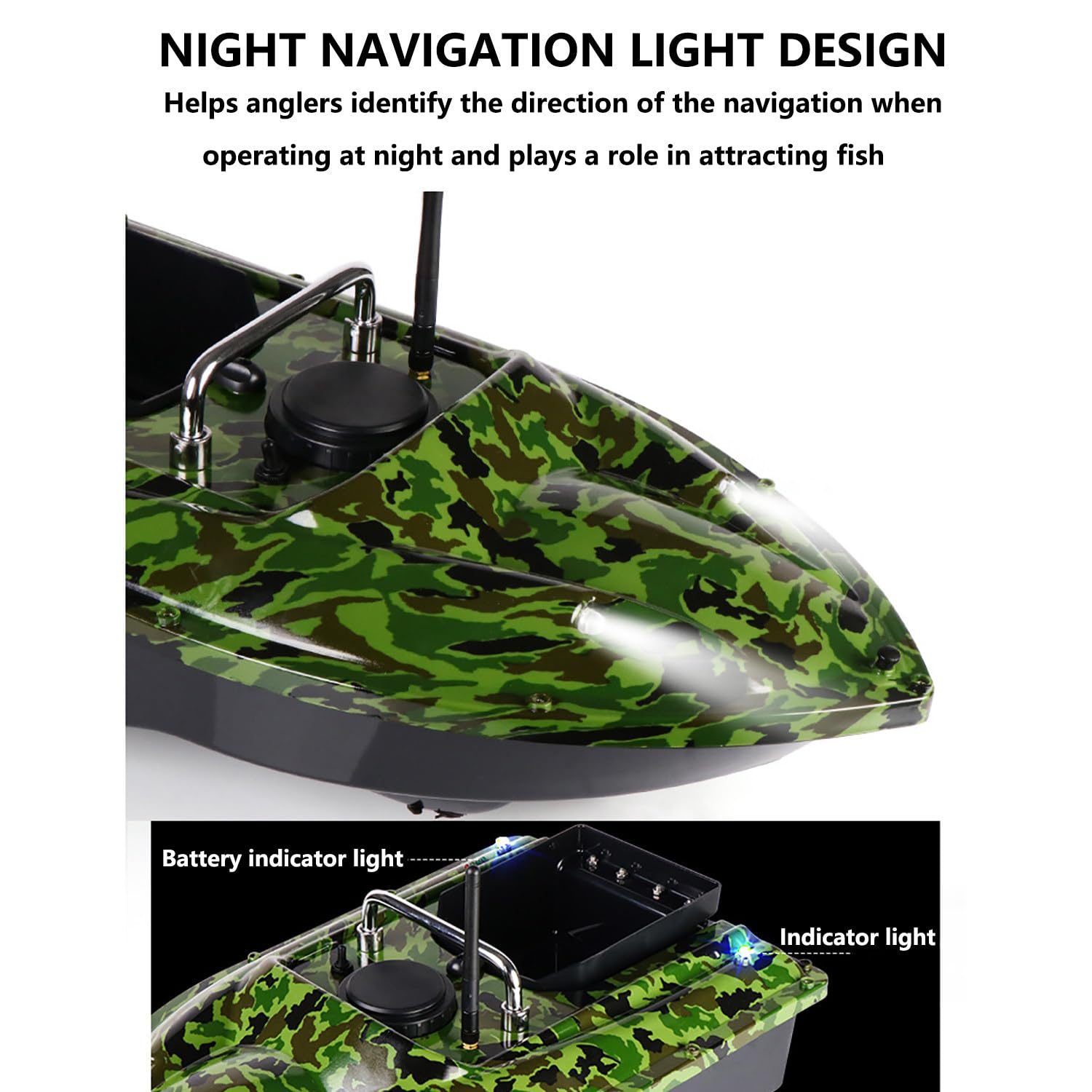 Barco de cebo RC de 500 m para pesca con 2 baterías de 12 000 mAh y bolsa para bote, retorno automático por GPS, capacidad de carga de 1,5 kg (3,3 lb), contenedor de descarga y luz nocturna LED