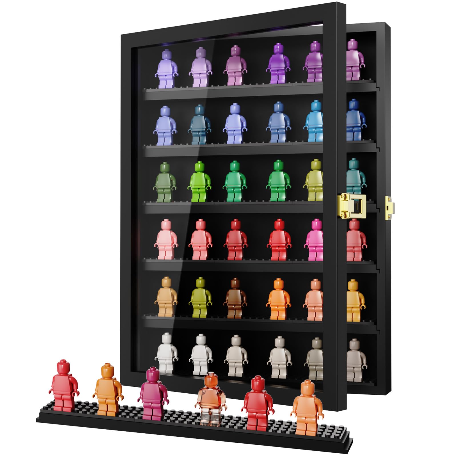 TJ.MOREE Minifigure Display Case 6-poziomowy, ścienny uchwyt na ścianę, drewniane półki na przedmioty kolekcjonerskie, czarne mini zabawki Showcase Cabinet 42,4 x 31,3 x 5,4 cm