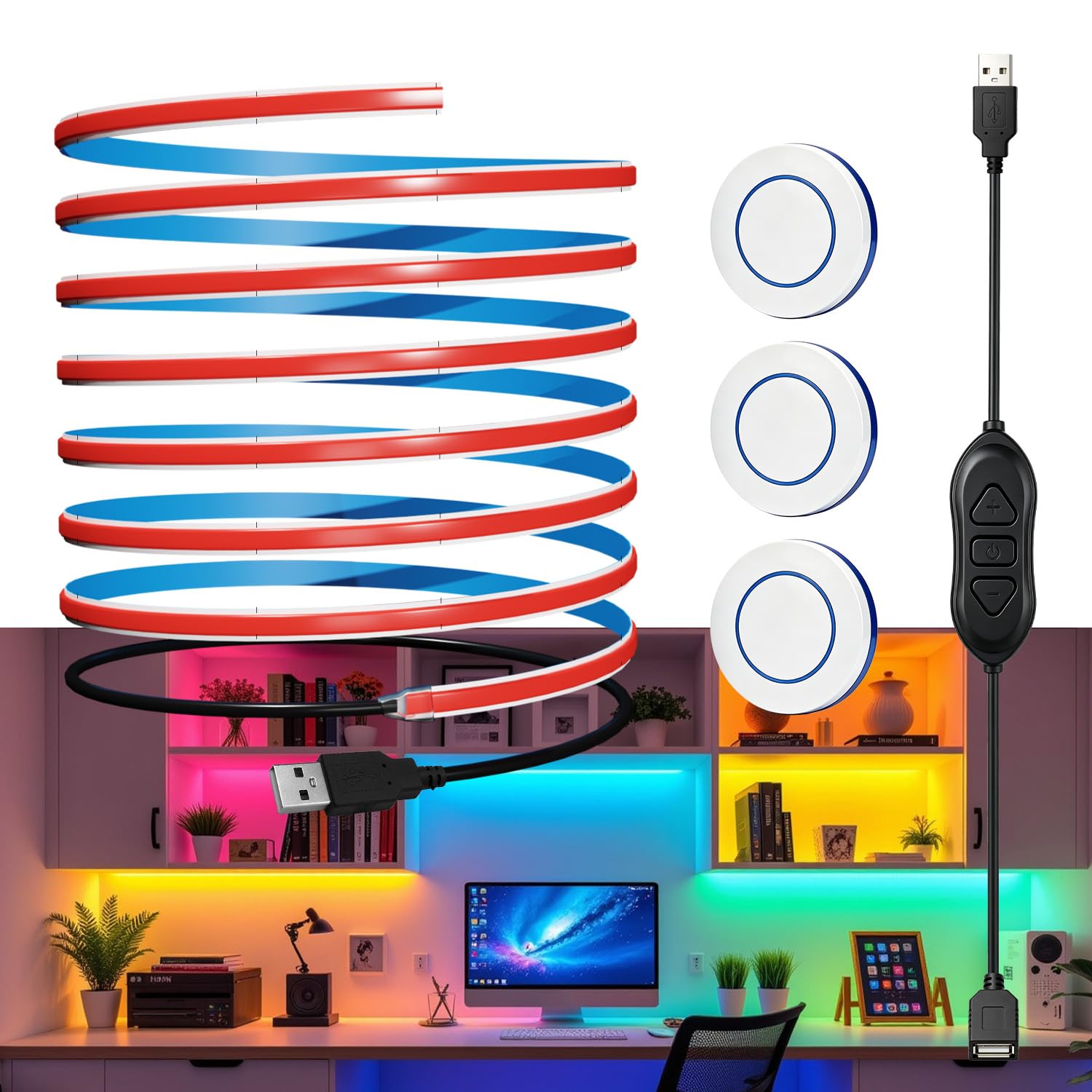 MDee 5V USB COB LED Strip with 3 Remotes, Dimmable, Red, 2.5M
