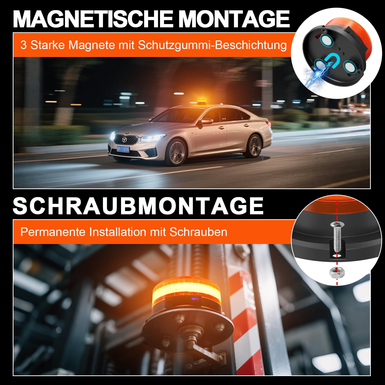 AnTom Rundumleuchte Akku mit Akkustandanzeige 9 Blitzmuster LED Rundumleuchte 12V Magnet Warnleuchte Gelb Autoladekabel und USB-Kabel für Auto Traktor SUV