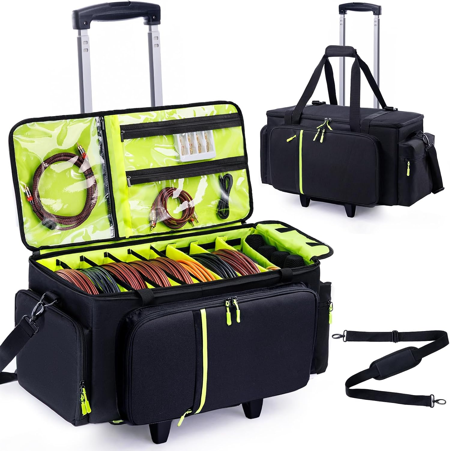 Rolling DJ Cable Bag with Wheels, DJ Equipment Bag with Laptop Compartment