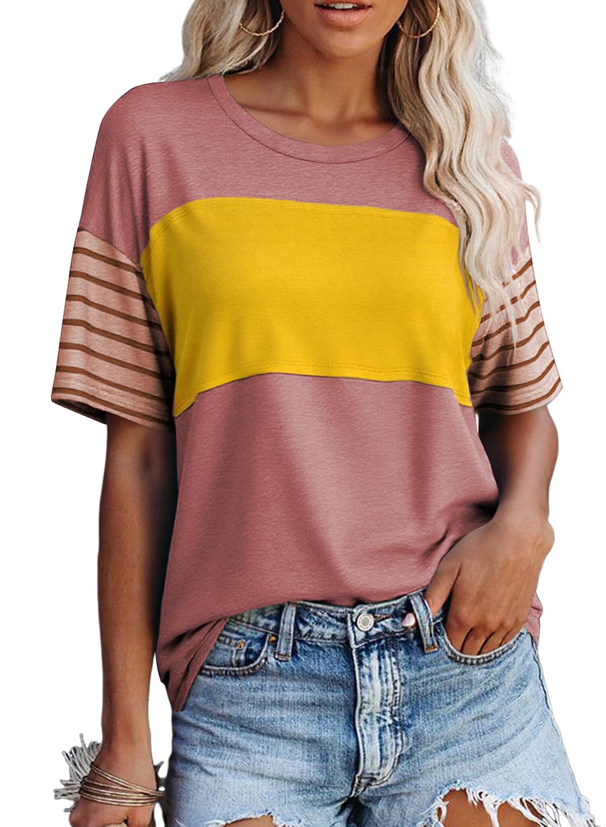 SHEWIN Womens Casual Short Sleeve Shirts Loose Crewneck Color Block Tshirts Tops