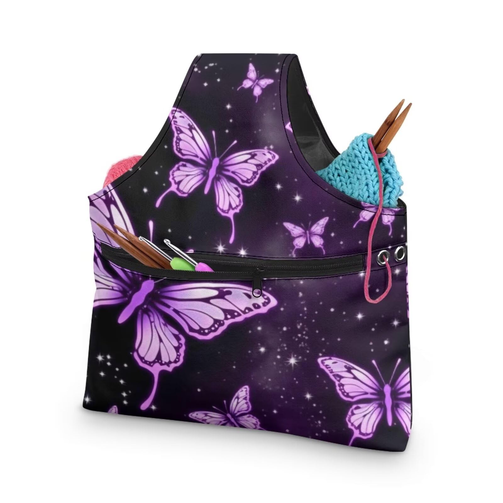 ZUXONGSY Butterfly Yarn Bags for Crocheting Organizer Knitting Bag Yarn Storage Shelves Yarn Project Bag Travel Crochet Tote Bag,Large