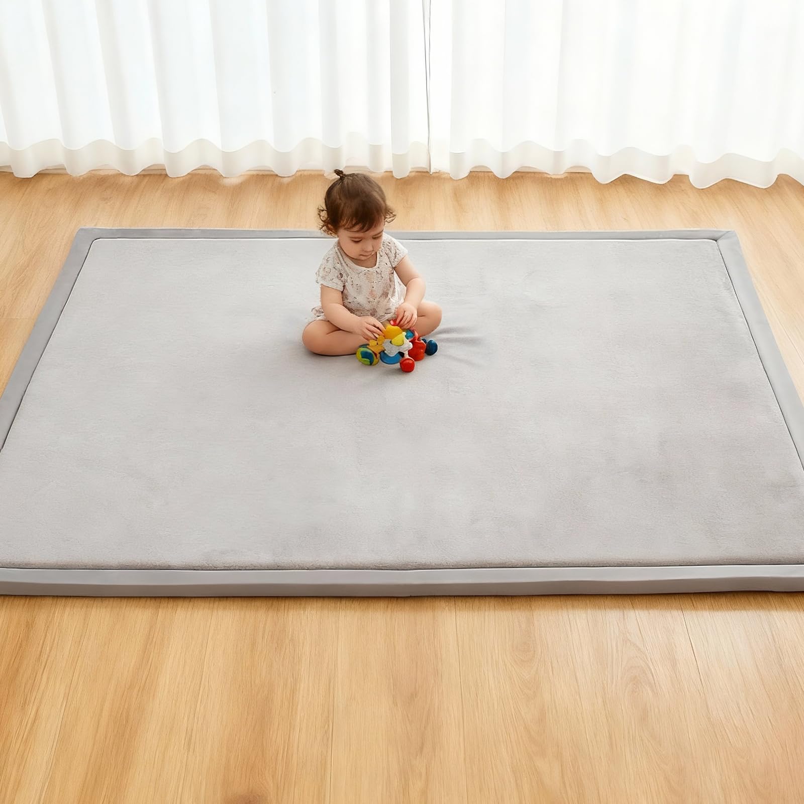 Baby Play Mat for Floor,1.3" Thick Elasti-Foam Playpen Mat for Tummy Time, Easy Care with Non-Slip Cushioned for Infant,Kids and Toddler Crawling Light Grey 71"×59"×1.3"
