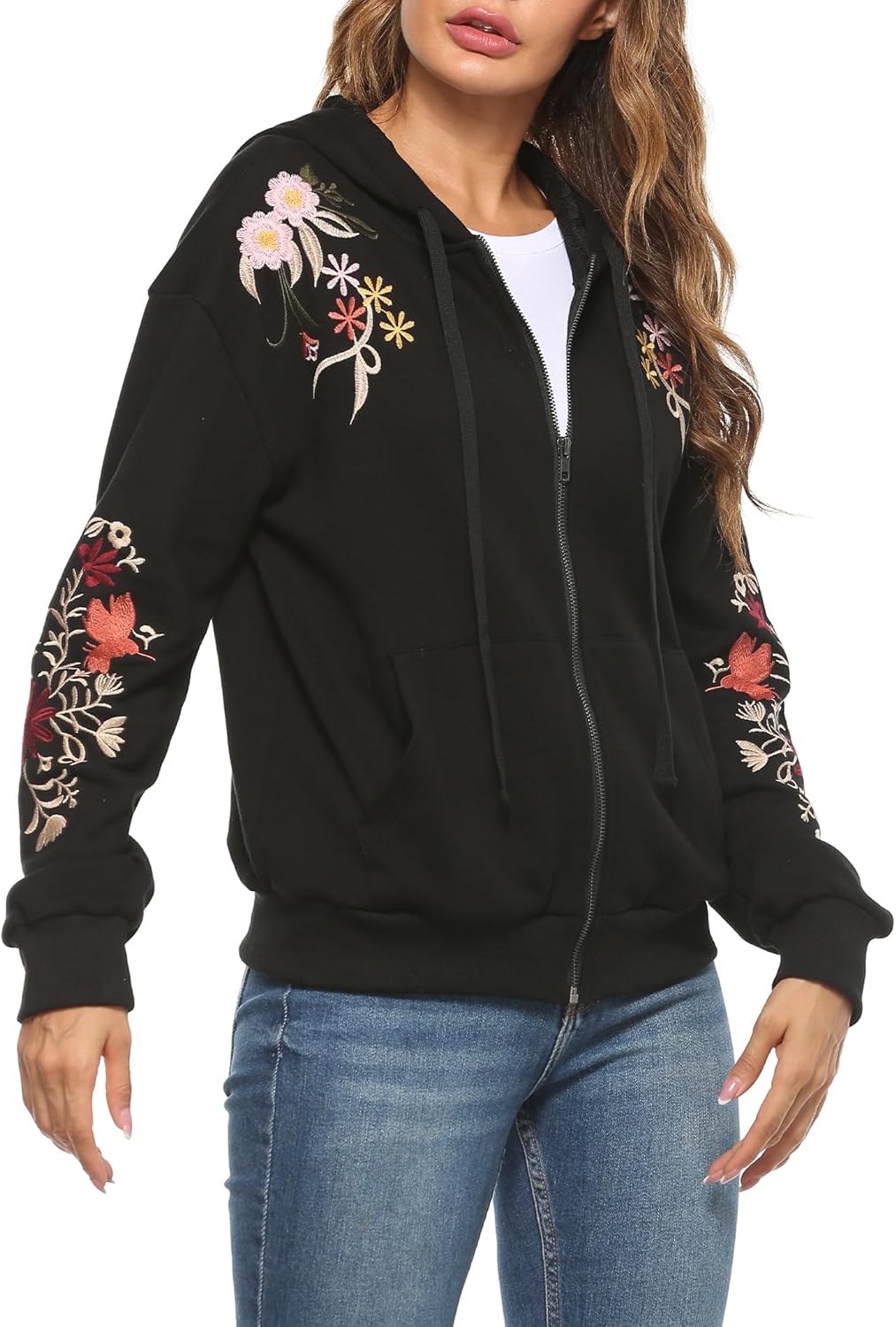 Bohemian Embroidered Jacket for Women Mexican Floral Full Zip Long Sleeve Coat Fall Winter Warm Hoodie - Image 6