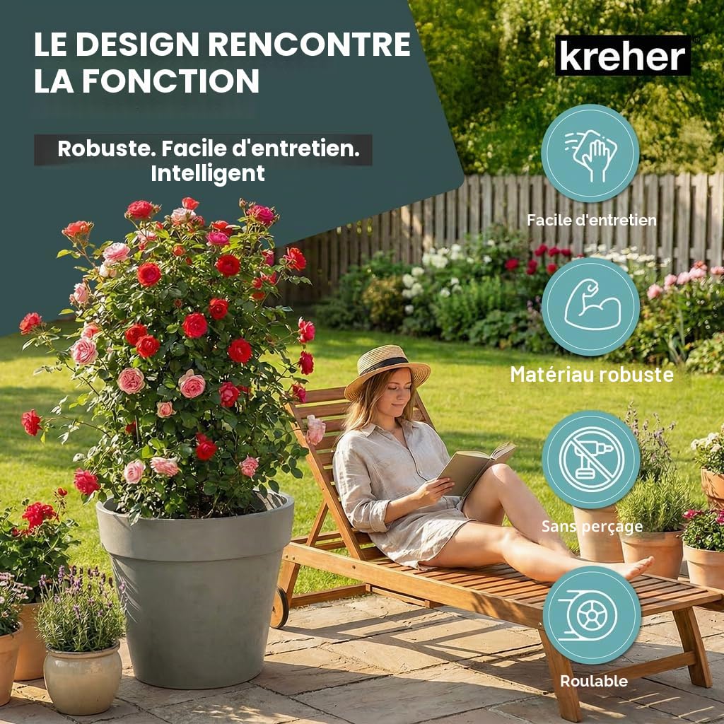 Kreher Pot de fleurs XXL avec roulettes, diamètre 79 et 58 cm, anthracite et blanc. Pot de fleurs robuste, grand pot de fleurs pour fleurs, arbres, extérieur et intérieur (marron, lot de 2)