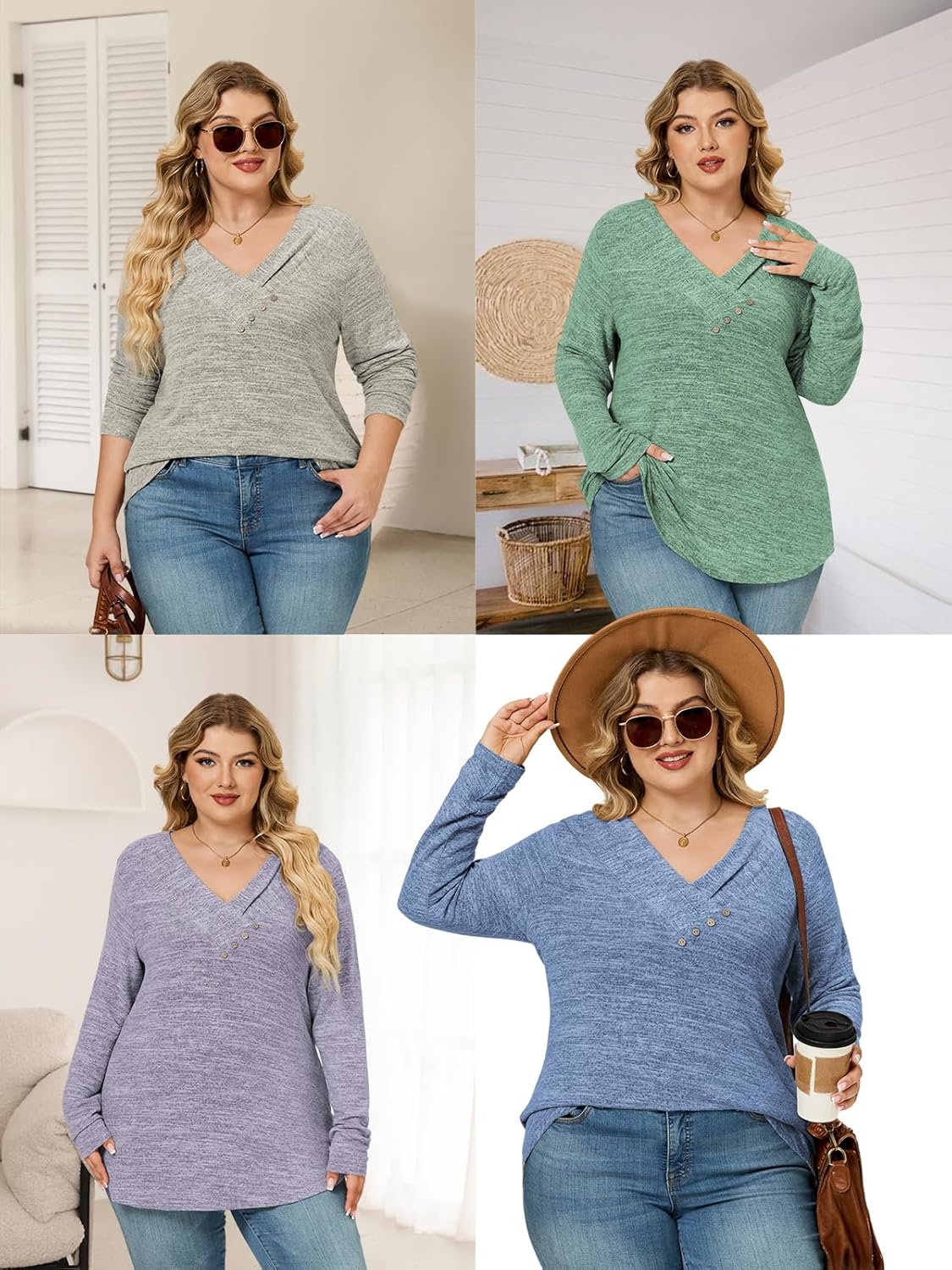 VISLILY Womens-Plus-Size-Tops Trendy V Neck Casual Long Sleeve T Shirts Dressy Button Decor Cute Loose Blouses Tunics XL-5XL - Image 6