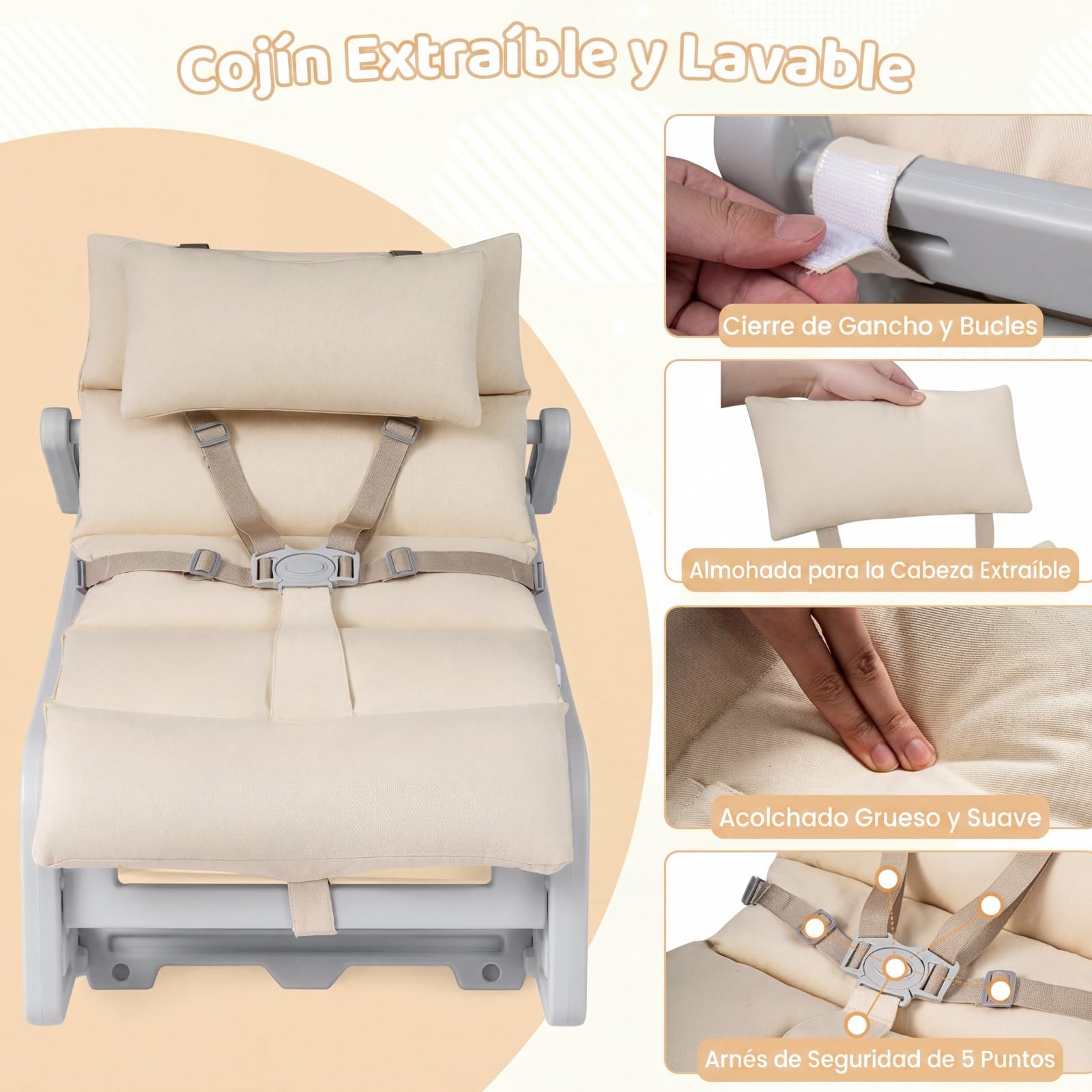 COSTWAY Silla Mecedora para Niños, Sillón Reclinable Infantil con Respaldo Ajustable, Cojín Extraíble y Lavable, Arnés de Seguridad, Mecedora para Niños de 6+ Meses, Guardería Sala de Juegos (Gris)