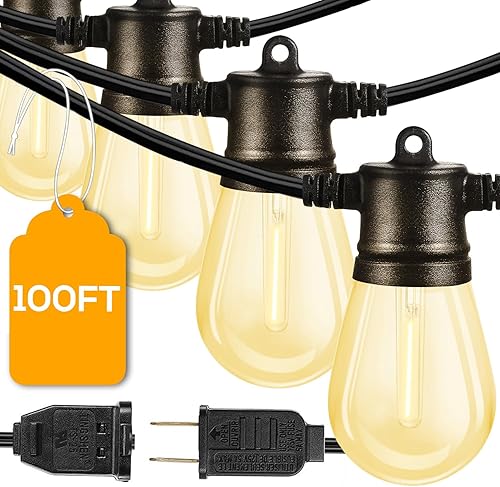 FMART Guirnalda de luces LED para exteriores, 2 luces colgantes de 50 pies (100 pies en total) regulables de grado comercial UL ETL, listado