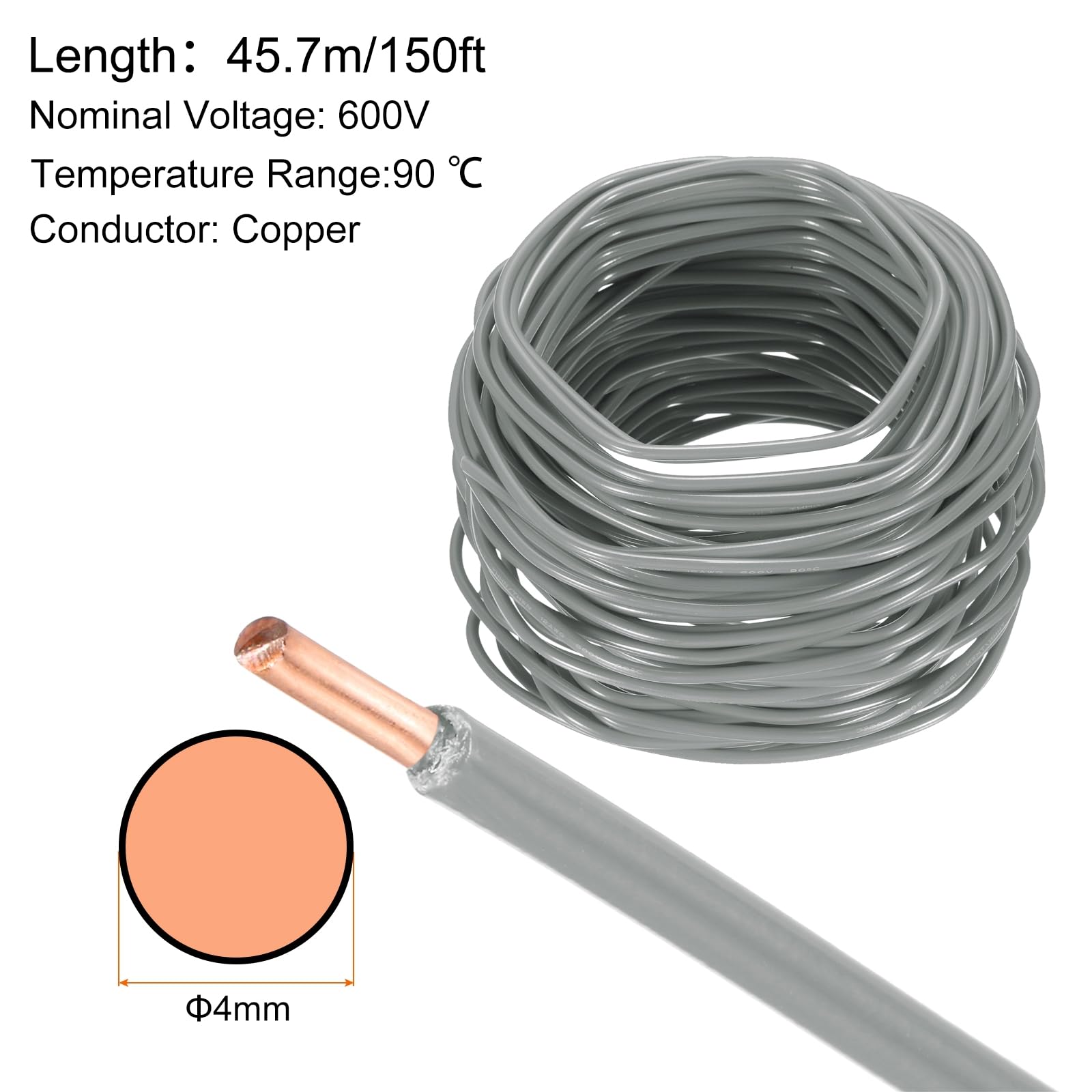 QUARKZMAN 150 Fuß Elektrischer Draht Isoliert Massivkupfer 12AWG Anschlusskabel THHN Draht Wohnbereich Industrie Erdung Elektrisch Bewertet Für 600 Volt UL Gelistet Grau