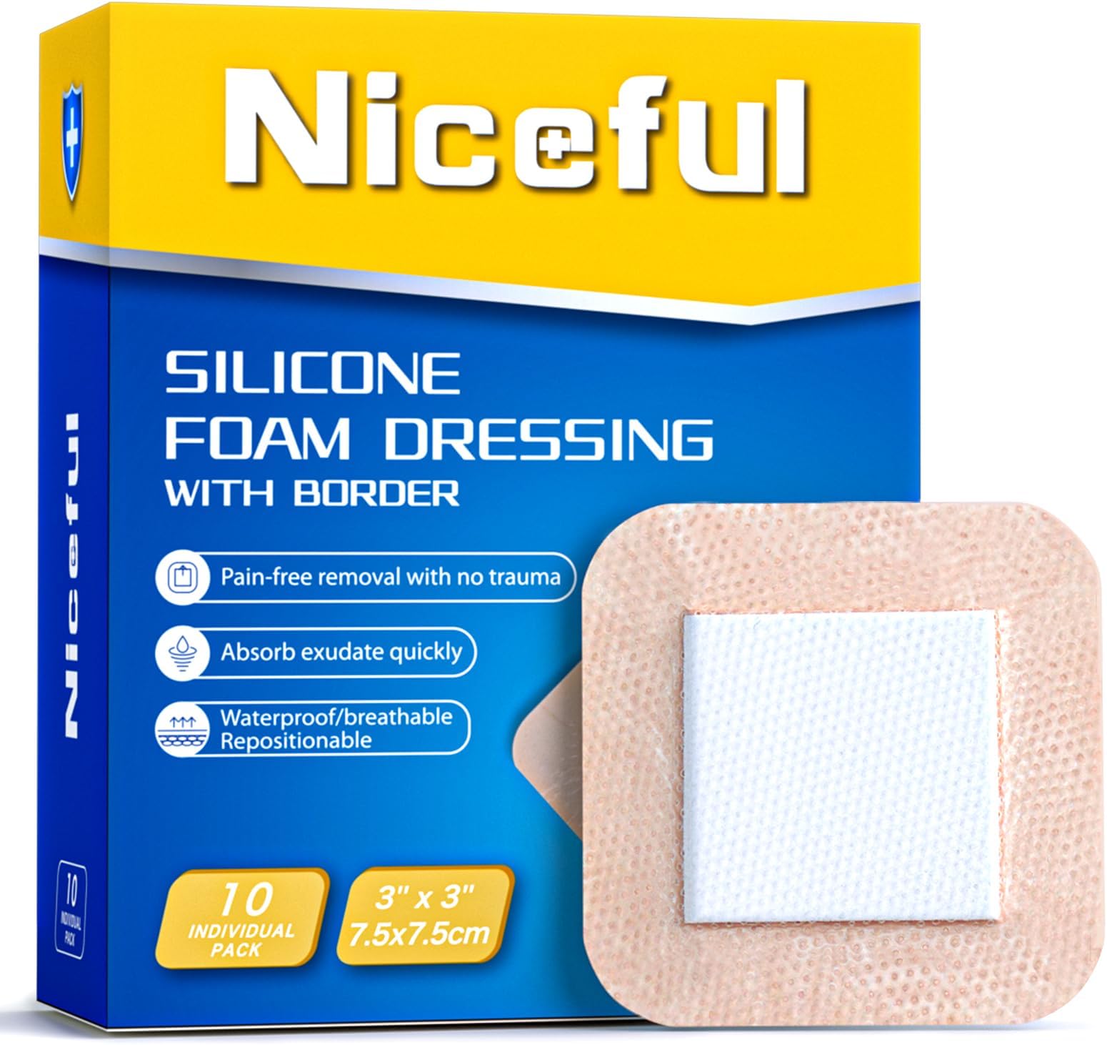 Niceful Silicone Foam Dressing 3 x 3 in (7.5x7.5 cm)- Ultra Soft Wound Dressing for Minor Surgical Incisions, Abrasions and Blisters, Waterproof Silicone Bandages for Sensitive Skin Wound Care(10 Pcs)