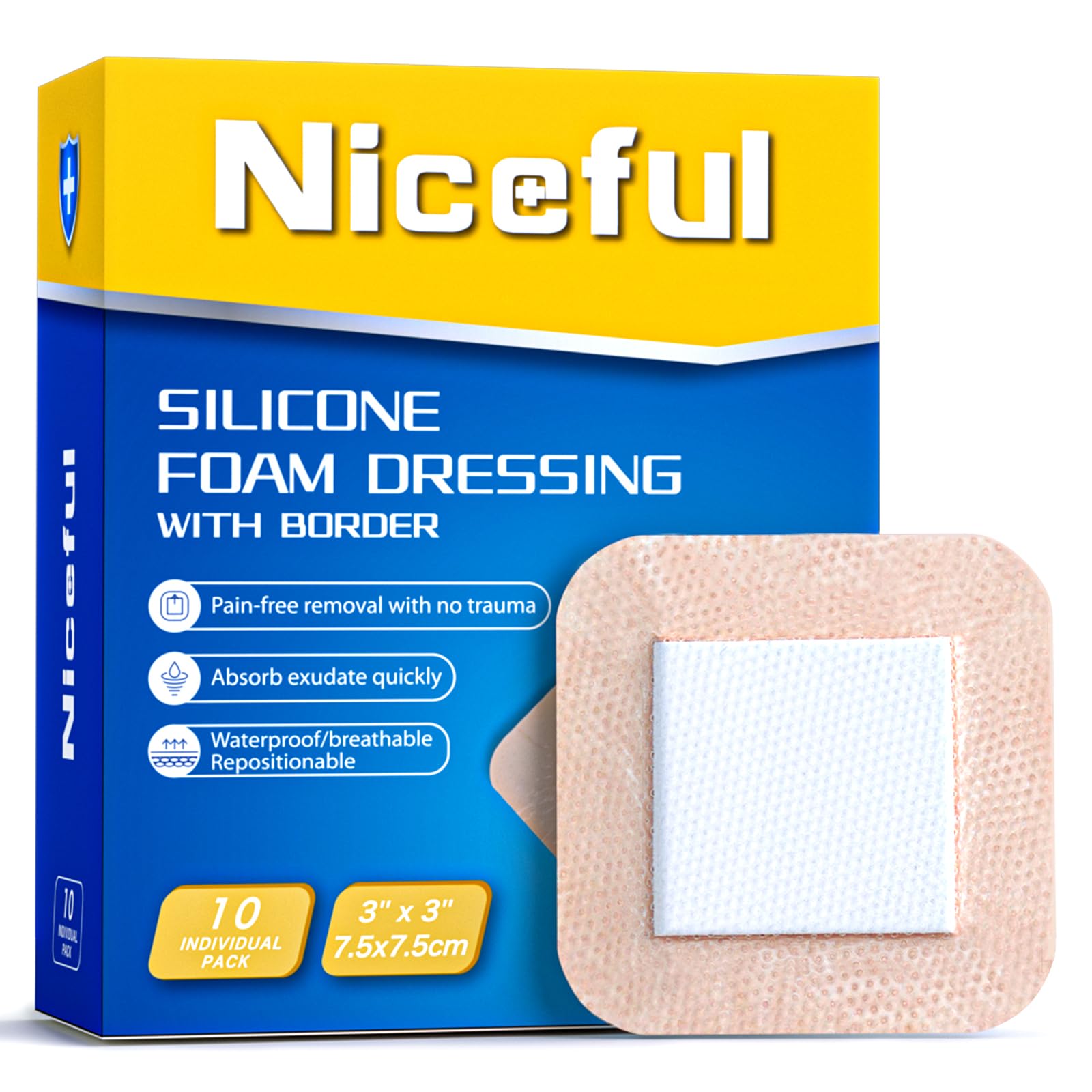 Silicone Foam Dressing 3 x 3 in (7.5x7.5 cm)- Ultra Soft Wound Dressing for Minor Surgical Incisions, Abrasions and Blisters, Waterproof Silicone Bandages for Sensitive Skin Wound Care(10 Pcs)