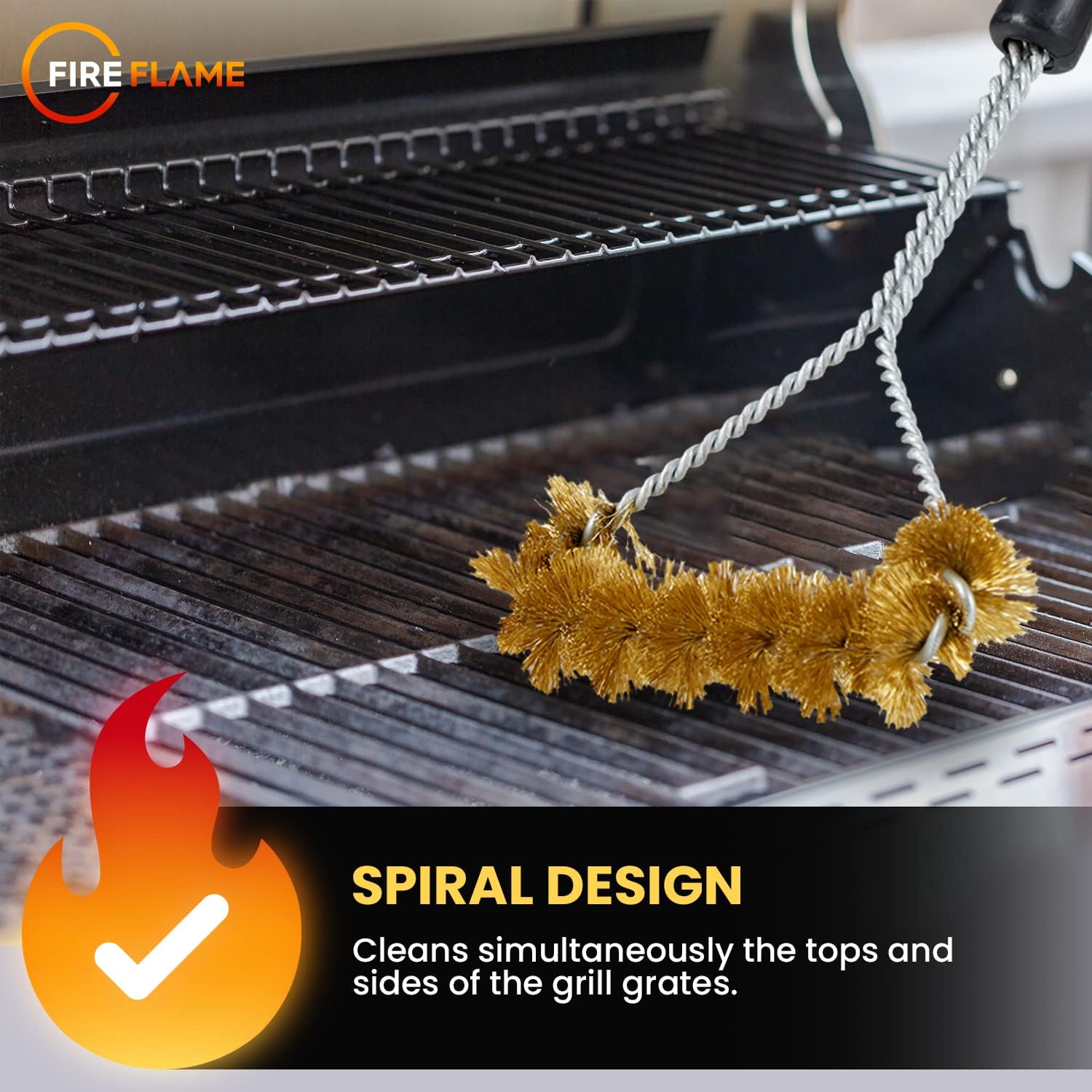Fireflame BBQ Grill Brush – Non-Scratch Brass Bristles - 16-Inch Long Handle Barbecue Grill Cleaning Brush - Wide-Faced Spiral Heavy-Duty – Made in The USA