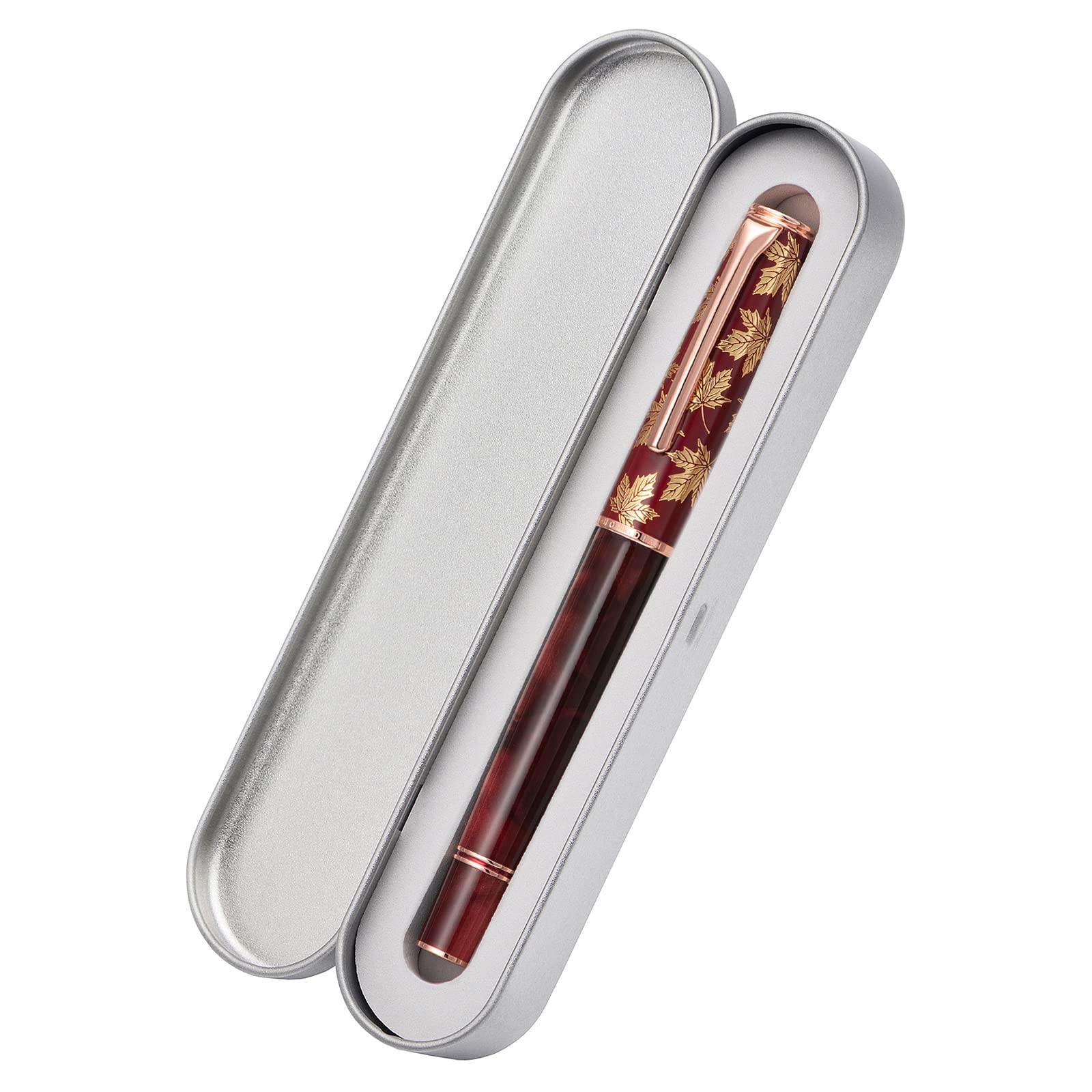 erofa Hongdian N8 - Penna stilografica in acrilico rosso, irdidium, punta lunga, finitura oro rosa con foglie d'acero, penna liscia con convertitore e scatola in metallo
