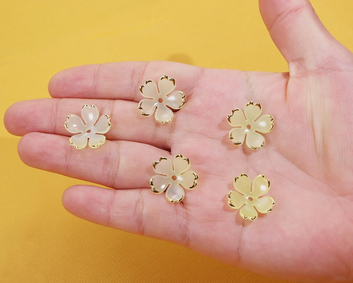 Tupalizy 100PCS Small Flower Beads Cherry Blossom Decor Acrylic Floral Spacer Beads Gold Plated Charms for Bracelets Jewelry Making Necklaces Earrings Keychain Art Crafts Projects Gifts (Yellow) - Image 4