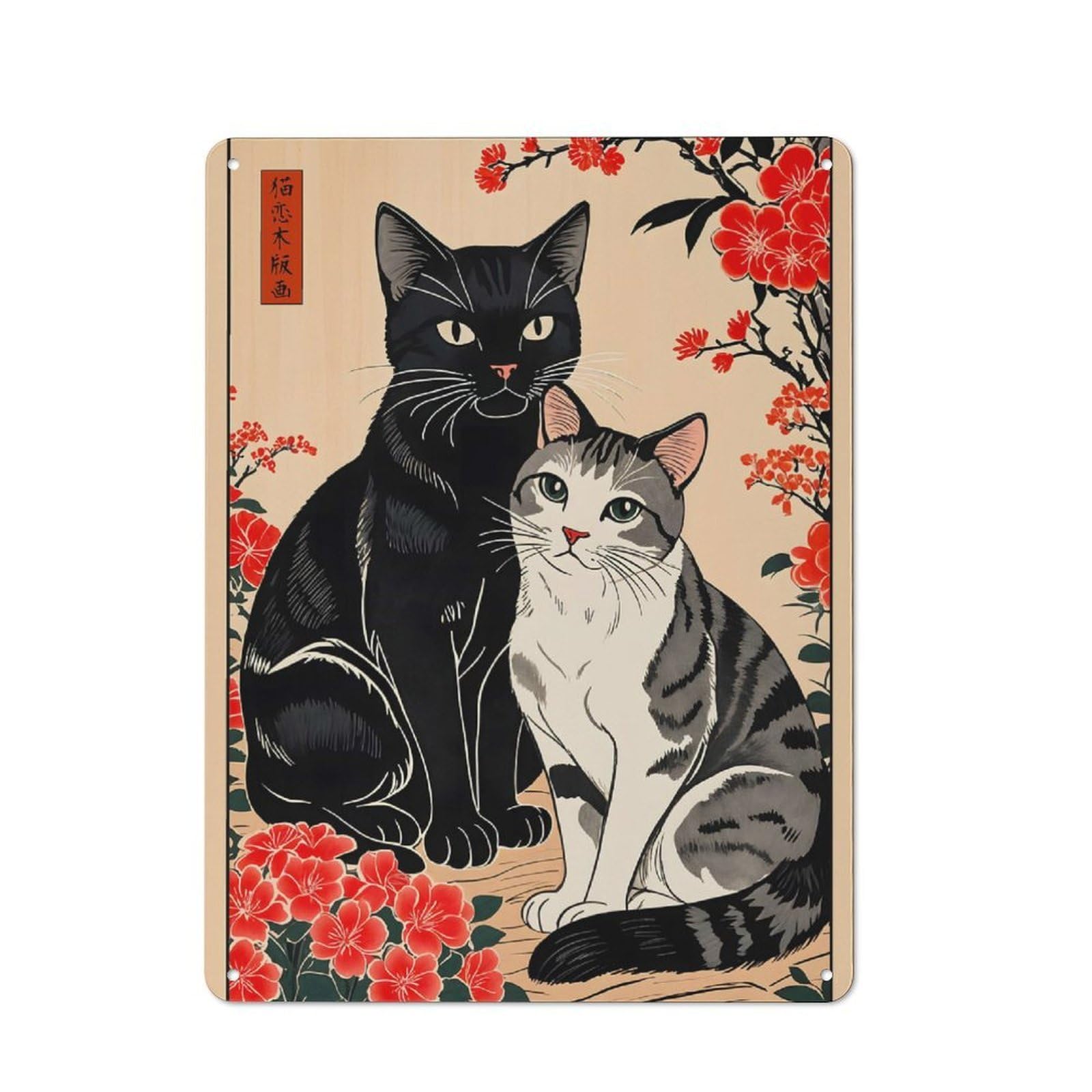 Junmoney Love Cat Japanese Art Cottage Metal Wall Decor 40X30cm, Shed Metal Sign For Patio Bar, Workshop, Shed Or Kitchen