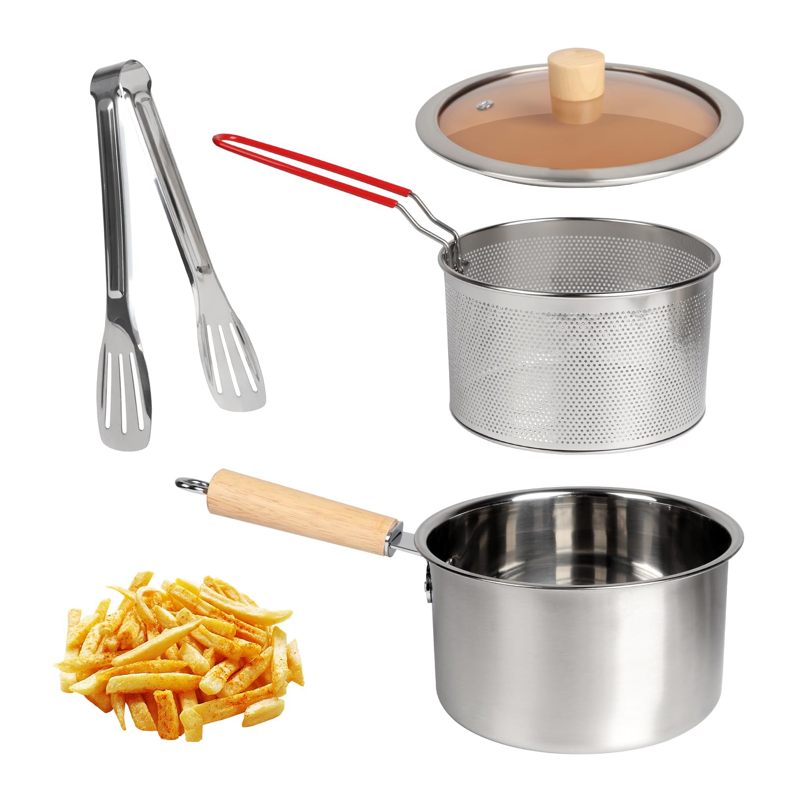 Pot de Filtre à Huile 304 Ensemble de Friteuse, Pot de Filtre à Huile Friteuse avec Panier Filtrant et Maille 2 en 1 Pot à Huile Chaude pour Croustilles, Frites, Poulet, Poissons (2500ML)