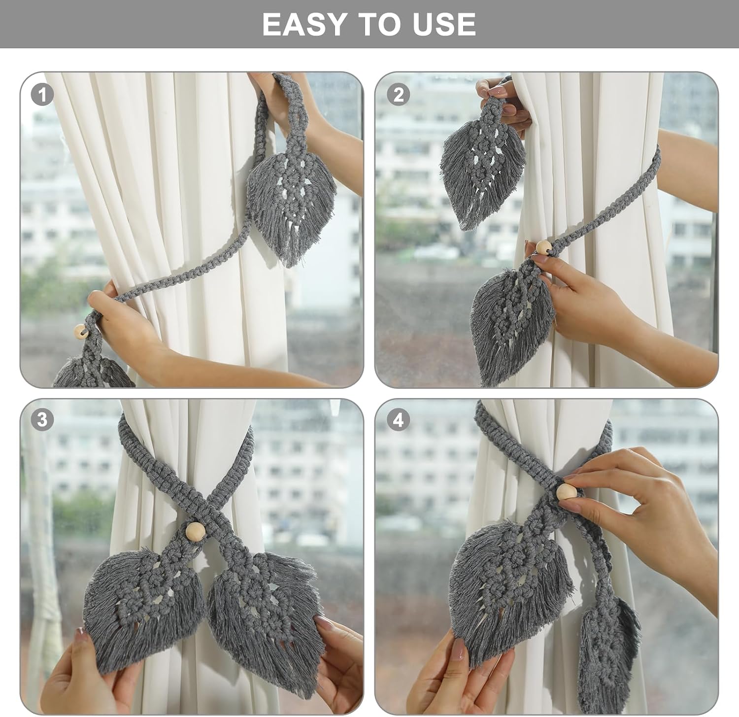 Artilady Boho Curtain Tiebacks Holdbacks, Adjust Curtain Tie Backs No Drill