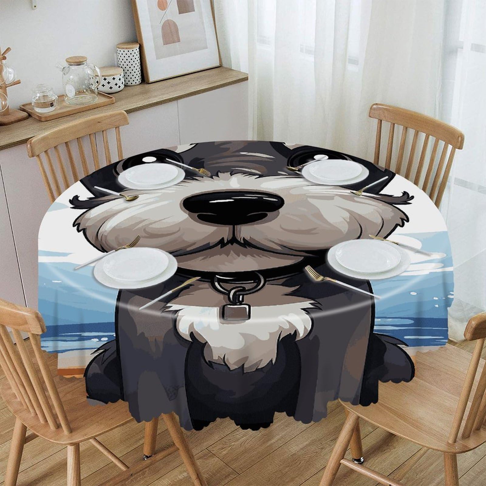 VstaDank Adorable Schnauzer Round Tablecloth 60 Inch Easy to Clean Circle Table Cover Thick Decorative Round Polyester Table Cloth for Dining Kitchen Party Farmhouse Outdoor