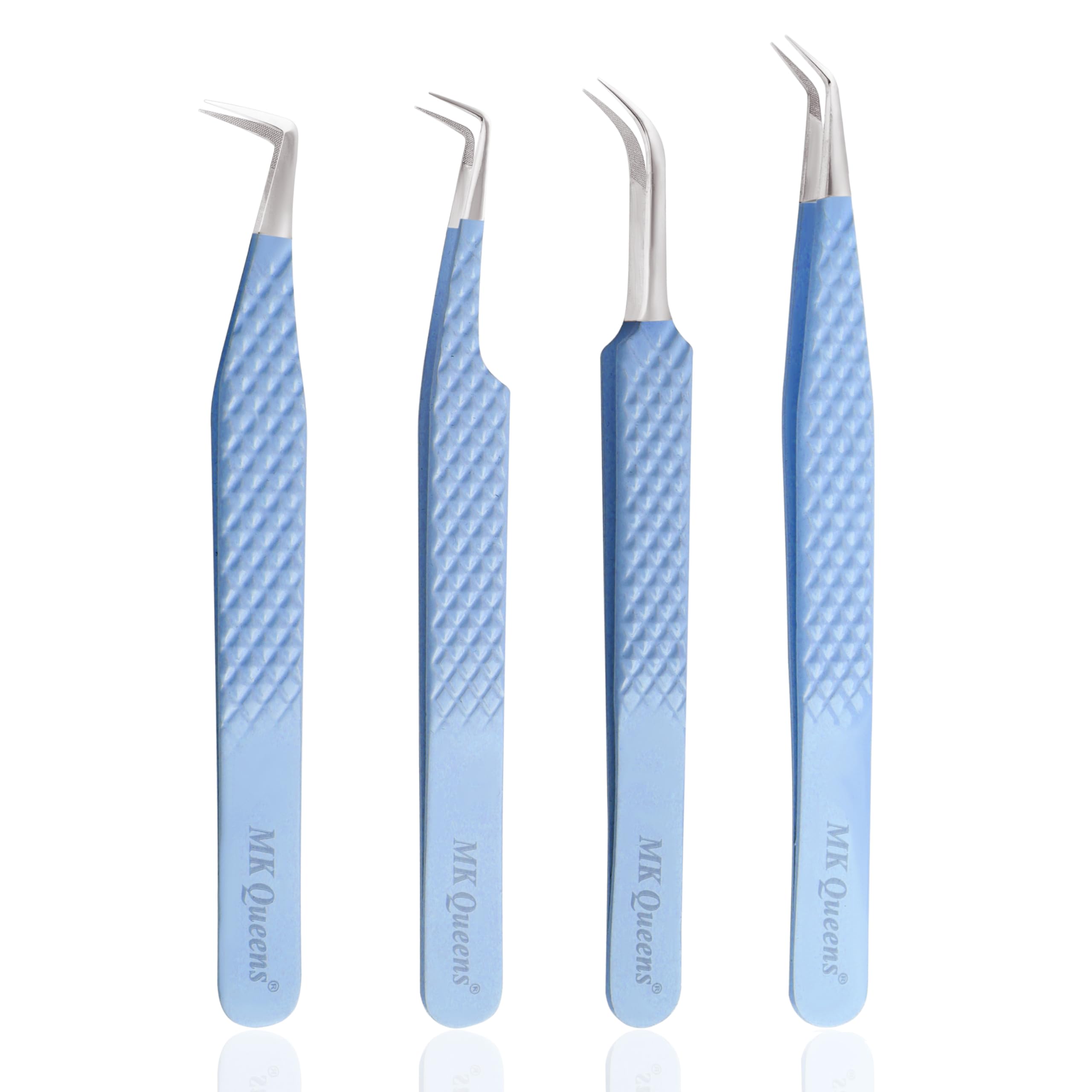 Pinzas profesionales para extensiones de pestañas, juego de 4 pinzas de fibra de acero inoxidable con agarre de diamante (4, azul cielo)