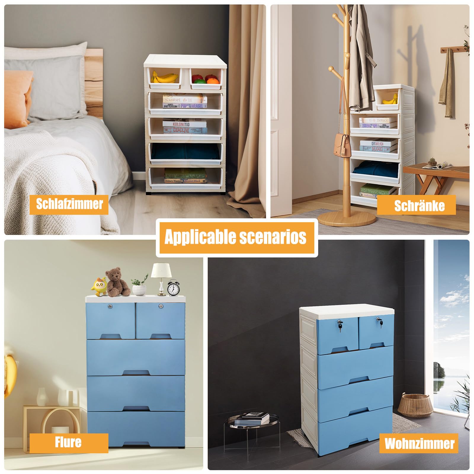 Cajonera de plástico con 6 cajones, apilable, organizador con cerradura, unidad independiente para el hogar, oficina, dormitorio, baño (azul)