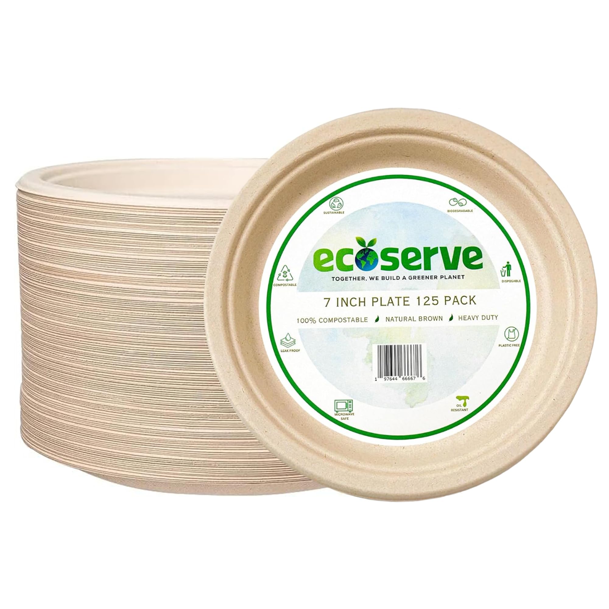 ECOSERVE Disposable Plates 7” - 100% Compostable Plates for Home, Catering, Events - BPA Free, Natural Sugar Cane Fiber Plate Set - Eco-Friendly Party Plates - Freezer & Microwave Safe [125]