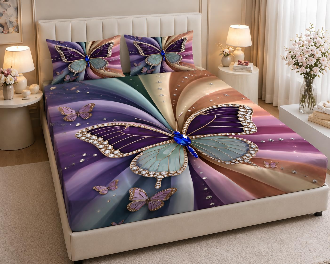 King Size Bedsheet with 2 Pillow Covers, Glace Cotton, 7D Digital Printed, 3 Piece Set (Butterfly-Purple)-image-41