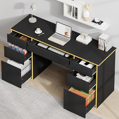 Miniatura 7 de Escritorio ejecutivo de 58 pulgadas con 7 cajones, escritorio negro y dorado con cajones de archivos para dormitorio, escritorio de oficina en casa
