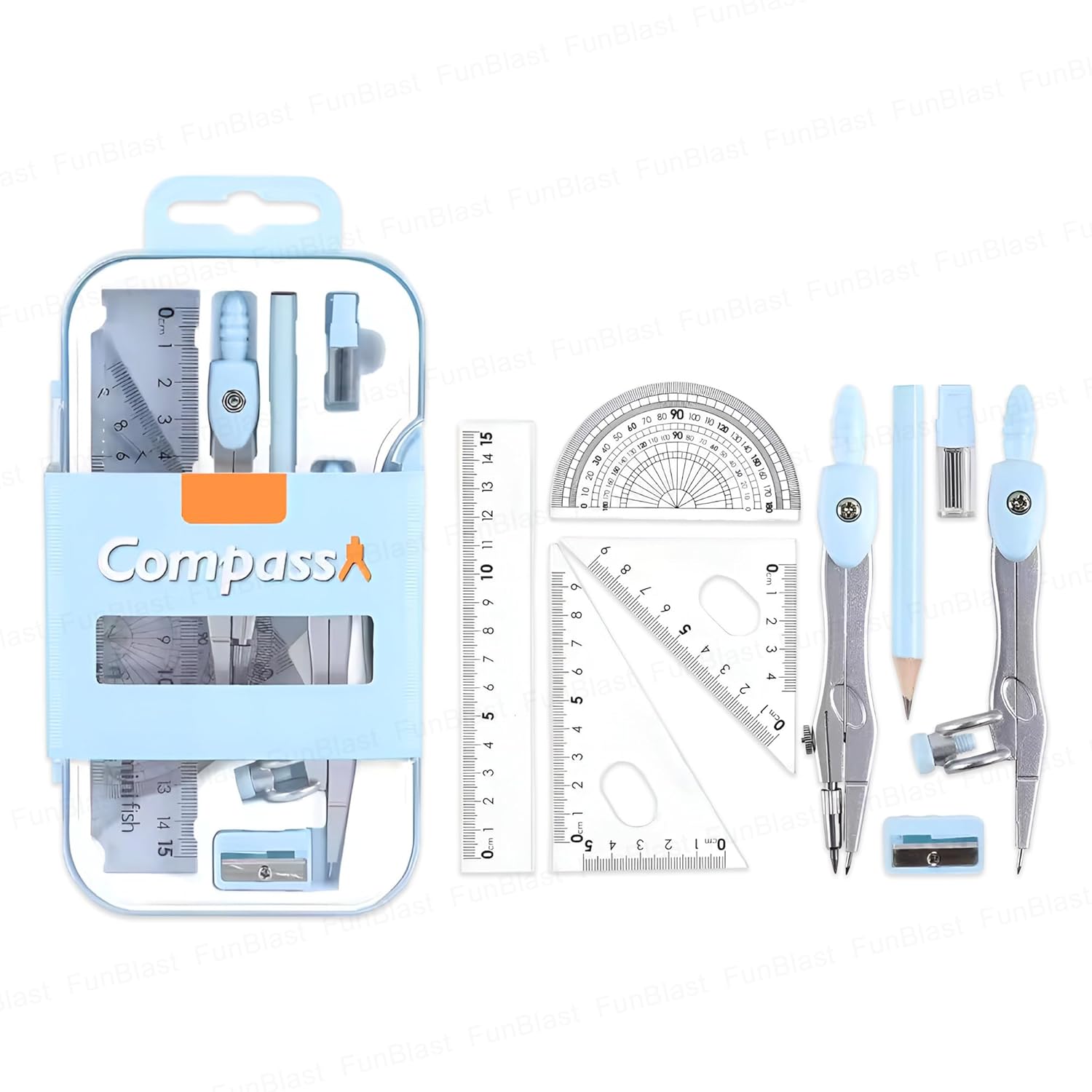 FunBlast Metal Compass Set 9 Pcs – Geometry Box with Protractor, Set Squares, Ruler, Compasses, Ruler Set, Instrument Box, Math Geometry Kit for Student & Professional (Blue)