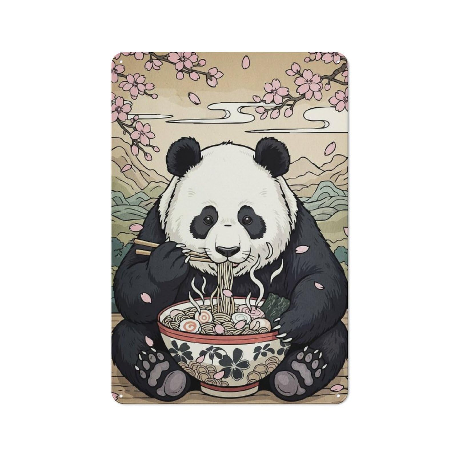 Junmoney Panda Ramen Cherry Blossoms Retro Metal Wall Sign 30X20cm For Café Or Home Bar, For Home Bar Enthusiasts, For Retro Home Interiors