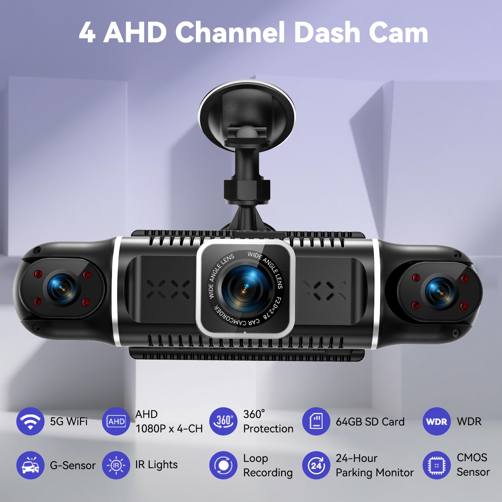 4K Dashcam Auto vorne hinten 4 Kanal mit 3" IPS-Bildschirm, 64-GB-Karte, Parküberwachung, WDR-Nachtsicht, G-Sensor, Loop-Aufnahme