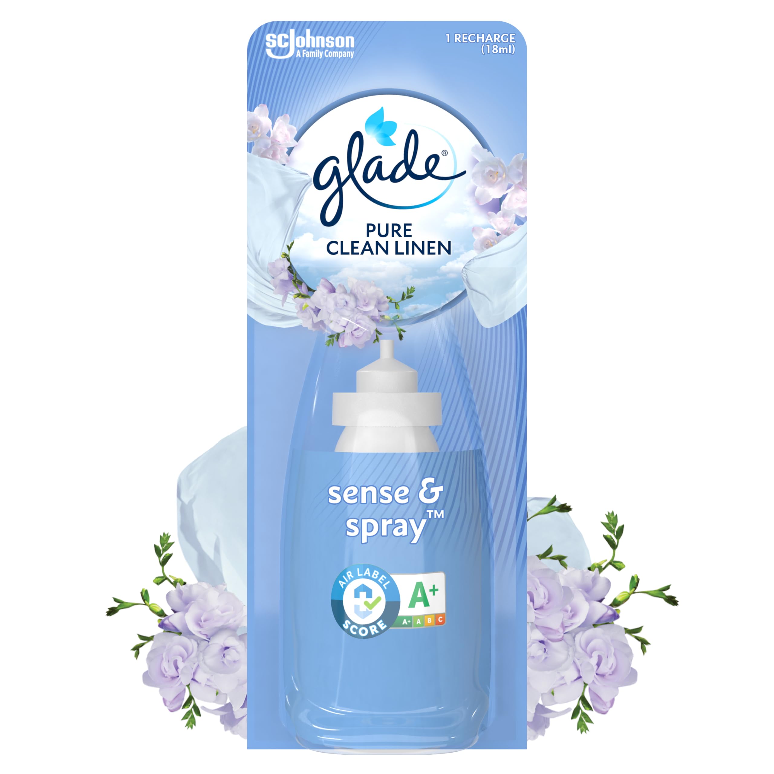 Glade Sense et Spray Recharge Diffuseur à Détection de Mouvement - Infusé Aux Huiles Essentielles - Jusqu'à 2 Mois de Parfum - Pure Clean Linen - 1 Recharge