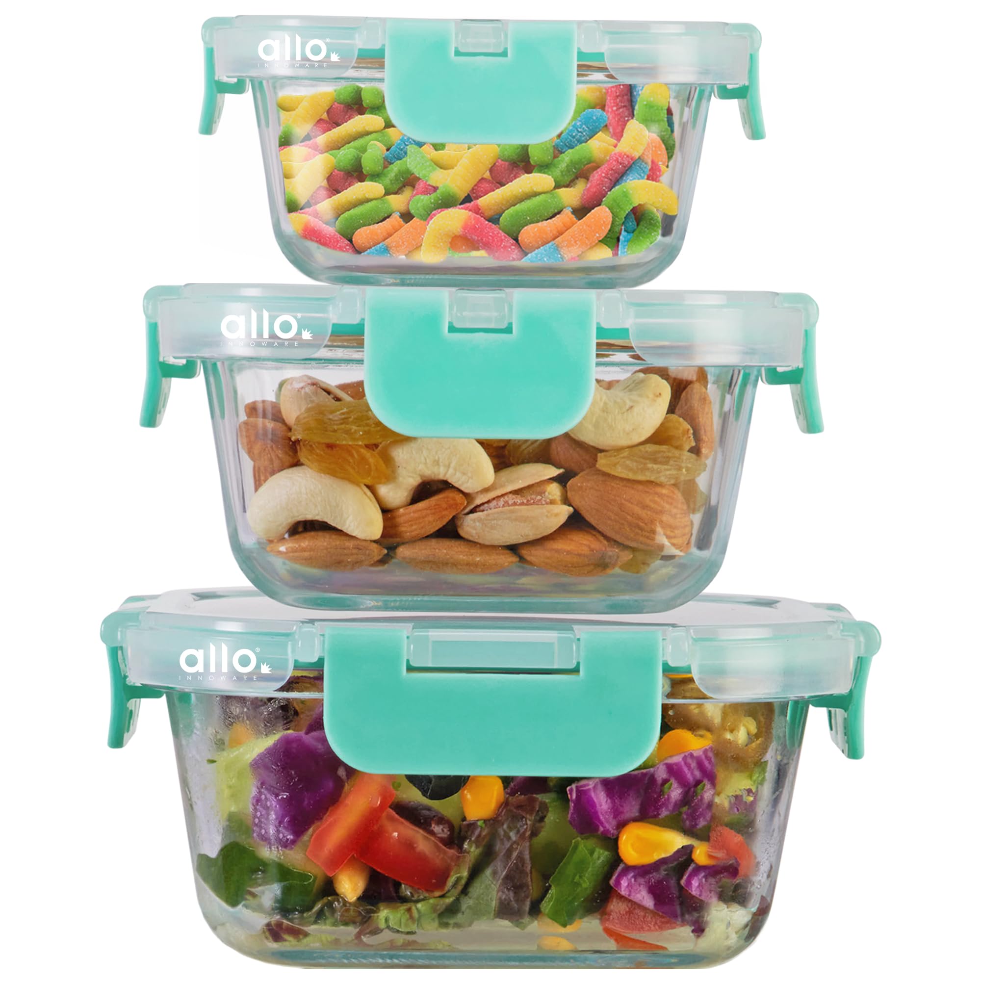 Allo Recipientes de vidrio seguros para alimentos con tapas, recipientes aptos para microondas, recipientes de vidrio de borosilicato para preparación de alimentos para cocina, juego de 3 recipientes