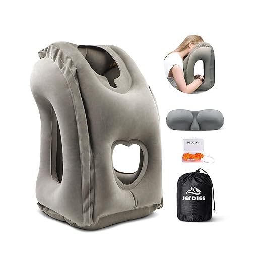 JefDiee Inflatable Travel Pillow, Airplane Neck Pillow Comfortably Supports Head and Chin for Airplanes, Trains, Cars and Office Napping with 3D Eye Mask, Earplugs and Portable Drawstring Bag (Grey)