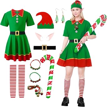 Elf Costume,Christmas Costumes with Hat Belt Shoe Covers Bell Elf Ears Cane Prop,Couple Outfits for Christmas