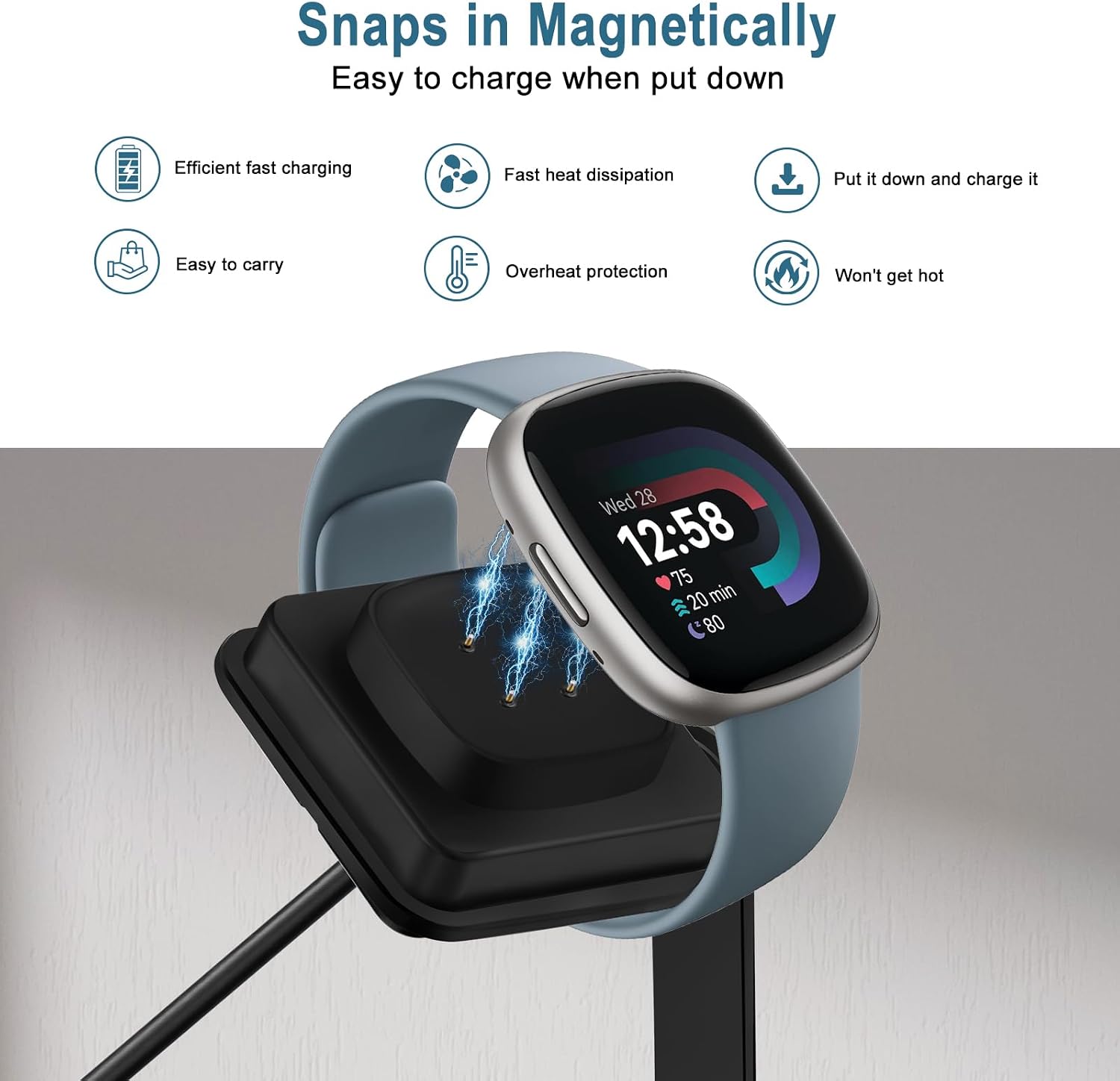 Magnetic Charging Dock for Fitbit Sense/Sense 2/Versa 3/Versa 4, USB-A Cable, Charger Stand for Fitbit Smartwatches, Black