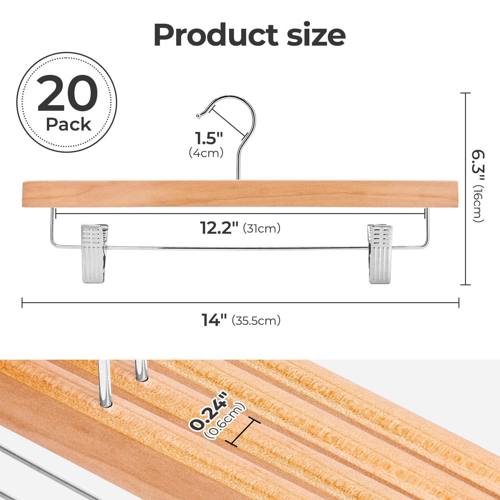 HOUSE DAY Hosenbügel aus Holz mit rutschfesten Clips, solide Lotus-Deluxe-Holz-Kleiderbügel, robuste und rostfreie Haken für faltenfreie Hosen, Röcke, Jeans, platzsparend, für Schrank, 20 Stück