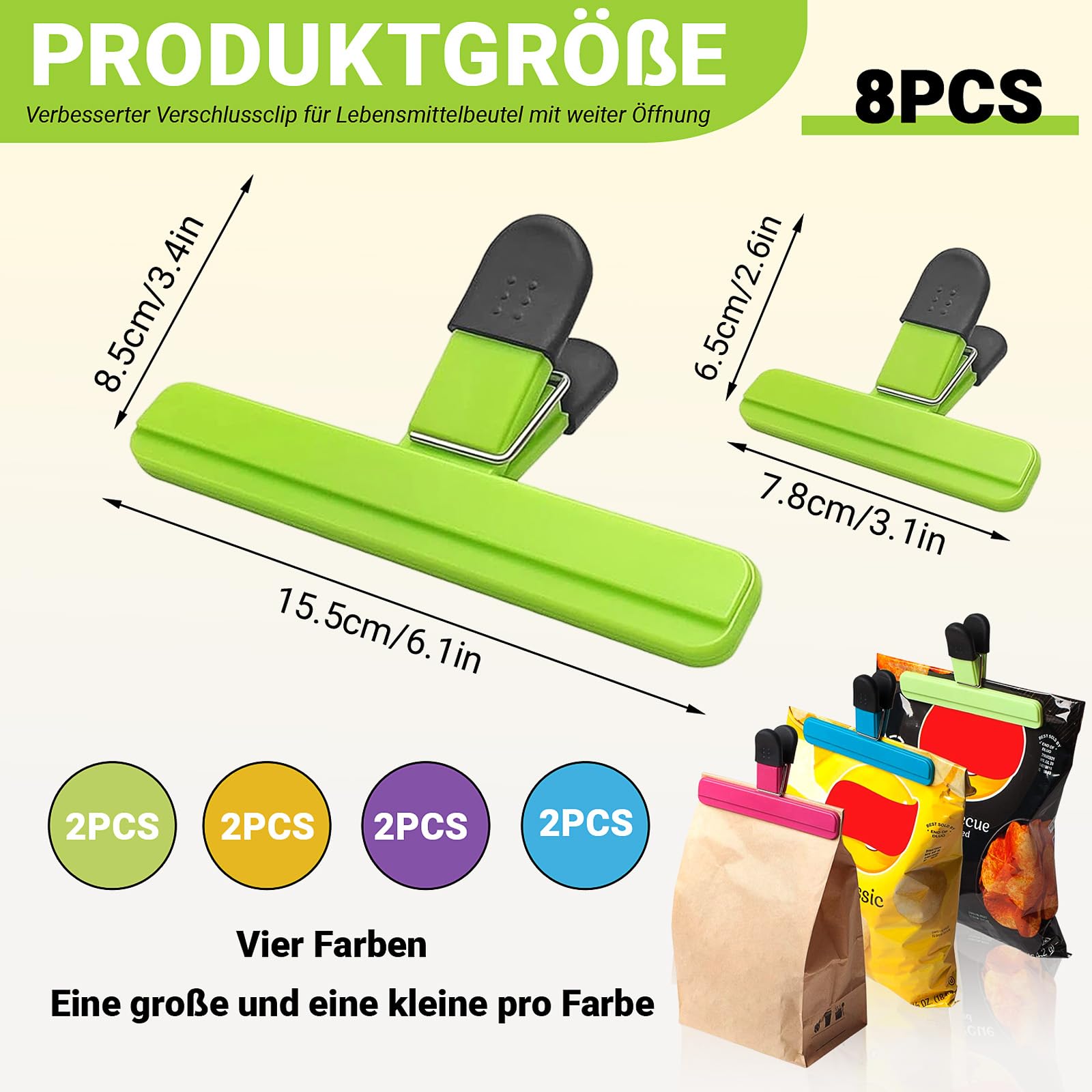 8 Clip Per Sacchetti Alimentari, Mollette In Plastica Con Molla In Acciaio, Impugnatura Antiscivolo In Gomma, 4 Colori (Beige, Rosa, Blu, Verde), 7,5 Cm